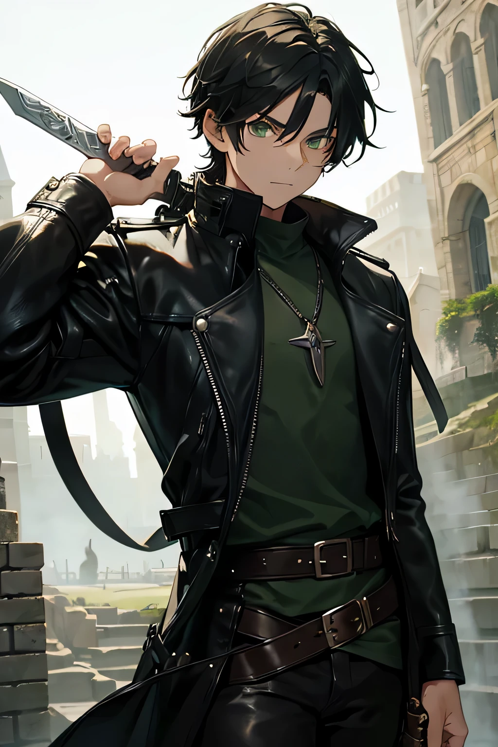 cowboy shot((no hat :1.3)),1 boy,black hair,green eyes,Medieval fantasy,Long sword,green shirt,((Black leather coat))
