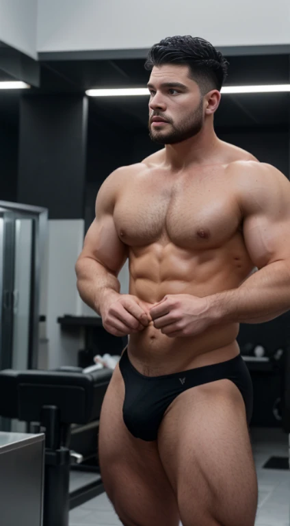 Jon snow , lower taper fade haircut, black hair, blue eyes fixed, affiliated features, no facial hair, height 1.93, weight 100 kg, aesthetic muscular build, broad shoulders, V-shaped body, full body focus, completely hairless,