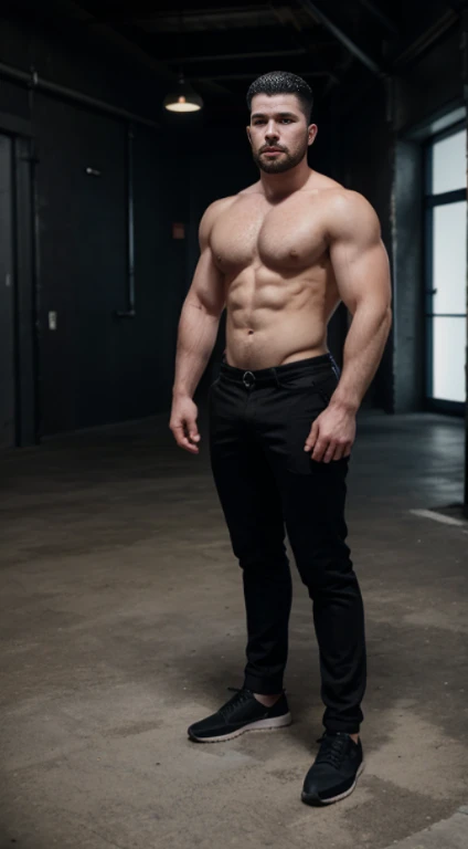 Jon snow , lower taper fade haircut, black hair, blue eyes fixed, affiliated features, no facial hair, height 1.93, weight 100 kg, aesthetic muscular build, broad shoulders, V-shaped body, full body focus, completely hairless,