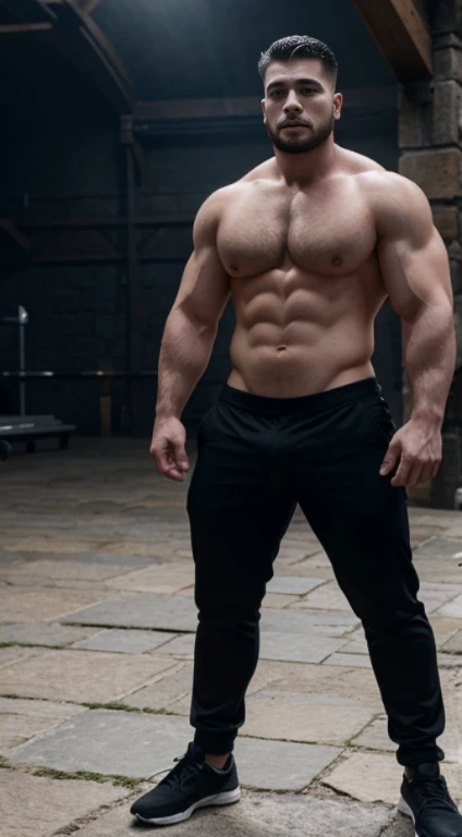 Jon snow , lower taper fade haircut, black hair, blue eyes fixed, affiliated features, no facial hair, height 1.93, weight 100 kg, aesthetic muscular build, broad shoulders, V-shaped body, full body focus, completely hairless,