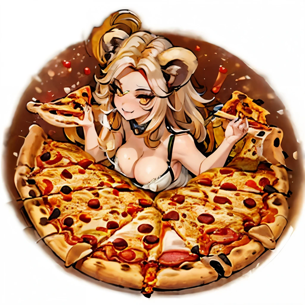 A lion with a round pizza fur, (pizza fur:1.6), (pizza mane:1.5), lion, branding , logo, (roar:1.2), creative, white background, pepperoni, tasty, contemporary, blended colors, professional graphic design, winking, cute, (woman:1.4), (sexy:1.6)