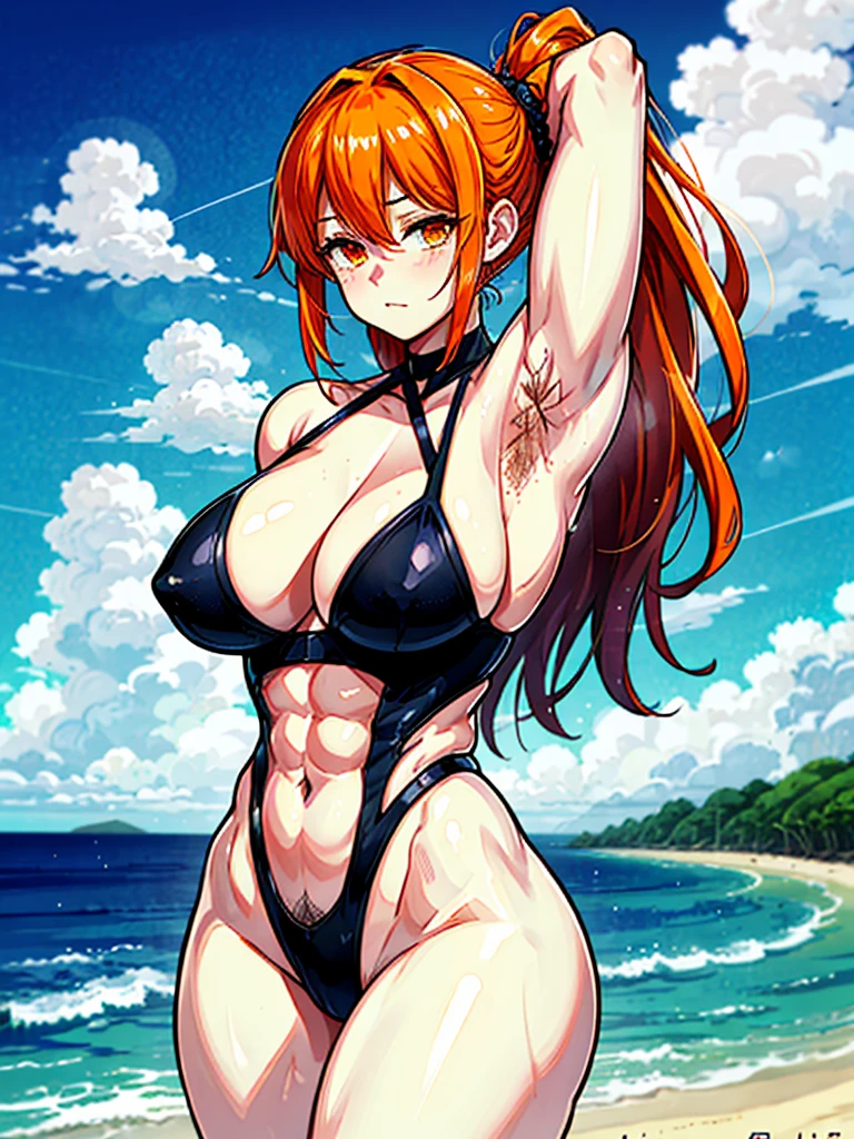 （（（masterpiece、Highest image quality、highest quality、highly detailed unity 8ｋwallpaper）））、（（Illustration of one girl））、（（（beautiful girl）））、（（orange hair、side ponytail、sidelocks：1.4、orange eyes））、（（（stocky build：1.5, thickset physique：1.6, muscular legs, broad shoulders, solid chest：1.5）））、（（（Orange hair、hairy armpits：1.8）））、(armpit hair:1.4)、swimsuit、sandy beach