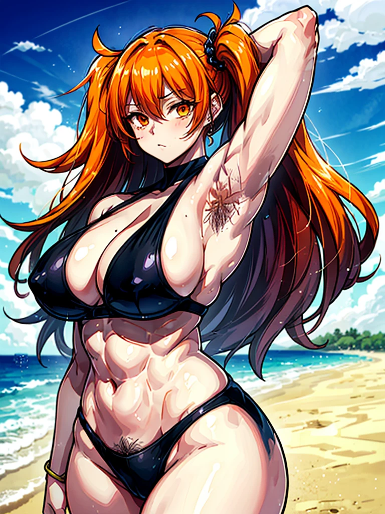 (((masterpiece、Highest image quality、highest quality、highly detailed unity 8kwallpaper)))、((Illustration of one girl))、(((beautiful girl)))、((orange hair、side ponytail、sidelocks:1.4、orange eyes))、(((stocky build:1.5, thickset physique:1.6, muscular legs, broad shoulders, solid chest:1.5)))、(((Orange hair、hairy armpits:1.8)))、(armpit hair:1.4)、swimsuit、sandy beach