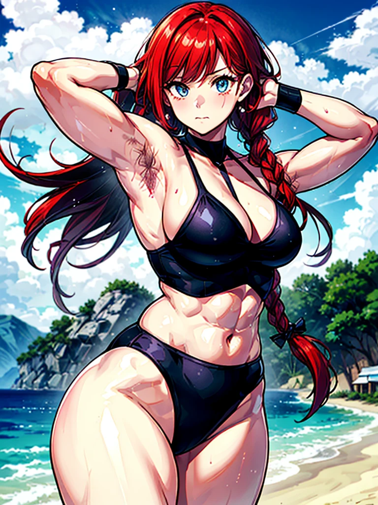 (((masterpiece、Highest image quality、highest quality、highly detailed unity 8kwallpaper)))、((Illustration of one girl))、(((beautiful girl)))、((red hair、Braid、sidelocks:1.2、blue eyes))、(((stocky build:1.5, thickset physique:1.6, muscular legs, broad shoulders, solid chest:1.5)))、(((Red hair、hairy armpits:1.4)))、(armpit hair:1.4)、swimsuit、sandy beach