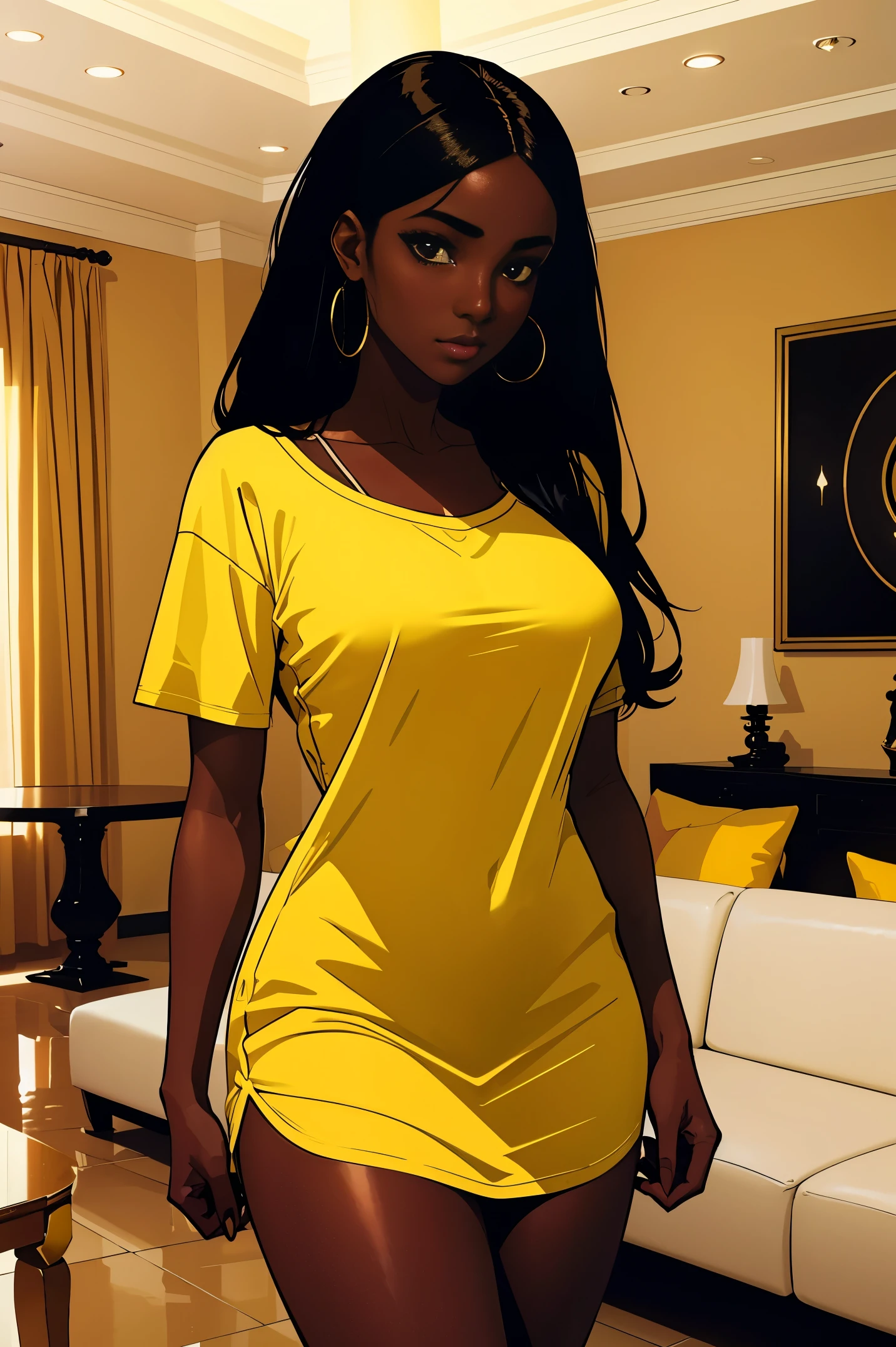 Dark skin young woman in a soft yellow shirt, long black hair, luxury home interior 