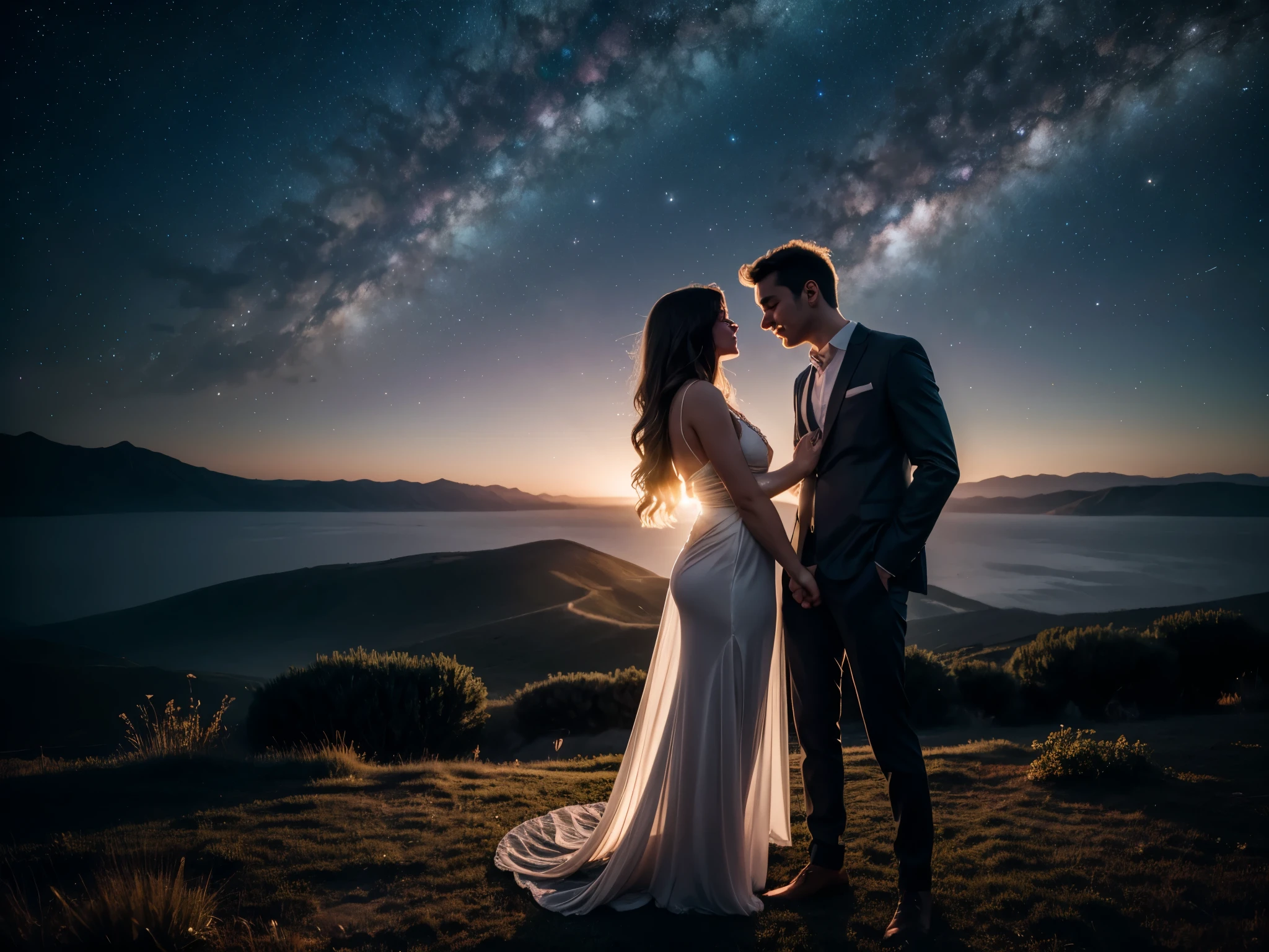 Design a sensual and intimate portrait of two lovers embracing passionately under starlight. Their bodies entwine softly, expressing genuine affection and connection. Delicate tendrils of golden light emanate from their touch points, symbolizing the warmth and intensity of their bond. Surrounding them is a celestial landscape filled with swirling galaxies, planets, and constellations, representing the vastness and mystery of love. Utilize subtle color gradients and soft focus techniques to evoke emotion and intimacy without crossing into explicit territory. (full body:1.5), enormous tits