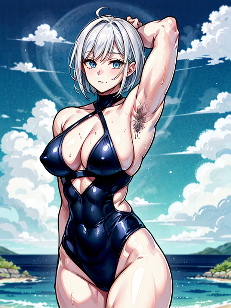 （（（masterpiece、Highest image quality、highest quality、highly detailed unity 8ｋwallpaper）））、（（Illustration of one girl））、（（（beautiful girl）））、（（white hair、short hair、light blue eyes））、（（（stocky build, thickset physique, muscular legs：1.４, broad shoulders, solid chest）））、（（（White hairs、hairy armpits：1.4）））、(armpit hair:1.4)、swimsuit、sandy beach