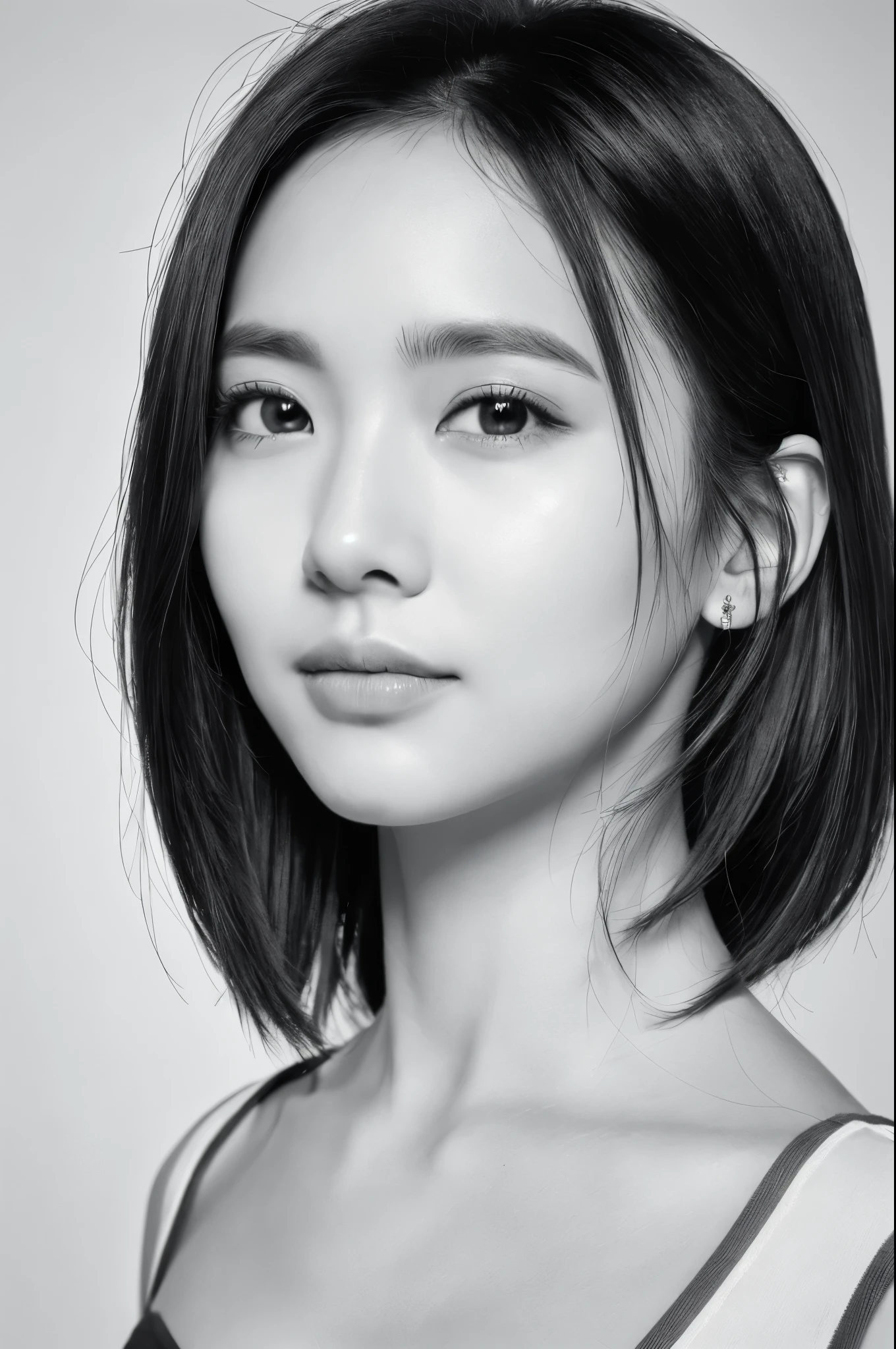 (best quality,ultra-detailed,realistic),(portraits),(black and white),(soft lighting),(Japanese beautiful face),(detailed facial features),(white background),(line drawing),anatomy correct, alone in a photo