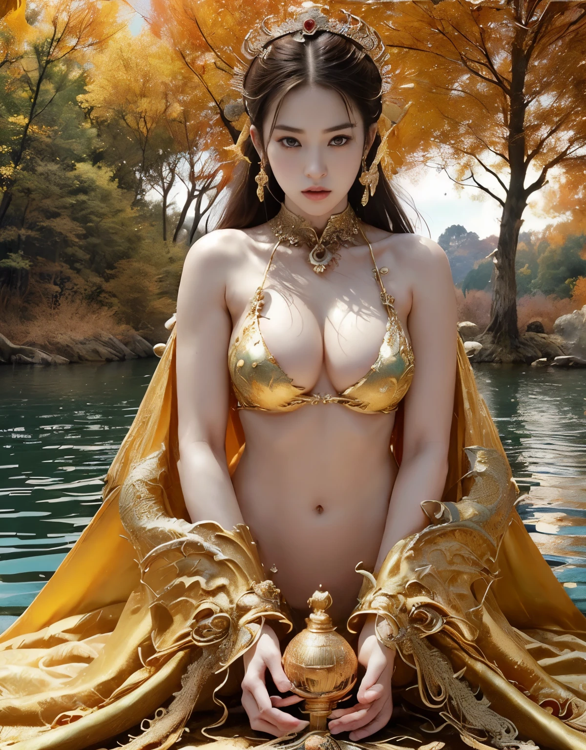 (medium breasts)、top-quality、​masterpiece、超A high resolution、（Armor of the Yellow Dragon）、(((medium tits))),dragon armor、(((Detailed Micro Bikini))),(Wearing a beautiful crown made of jewels),(Photorealsitic:1.4)、Raw photo、女の子1人、(((Random hair))、(((Take different poses)))、glowy skin、(((Chinese Dragon)))、Intricate and ornate hair ornaments、（Gorgeous Jewelry Necklaceystical expression）、（Fight big dragons）、With a beautiful knife、（Metal bikini）、((beautiful lake background)),(beautiful forest background)、Precipitous cliffs、(ruins background)、((super realistic details))、portlate、globalillumination、（sexypose）、Shadow、octan render、8K、ultrasharp、medium tits、Raw skin  exposed in cleavage、metals、Details of complex ornaments、Japan details、highly intricate detail、Realistic light、CGSoation Trendlue eyes、radiant eyeacing the camera、Precipitous cliffs、Toostock、（）、（veils）、(((light medium))),