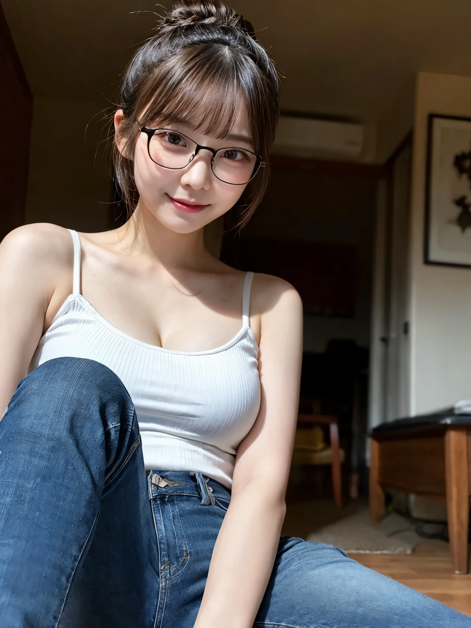 (8k, RAW photo, best quality, masterpiece, extremely detailed:1.2) (realistic, photo-realistic:1.4) sharp focus, (blurred background:1.2) bokeh (cinematic:1.4) soft light (from below:1.4) BREAK extremely cute 1 Japanese idol, 20 years old (glasses, glasses beauty) extremely detailed brown perfect eyes, symmetrical eyes, extremely detailed cute face, detailed extremely pale skin, (hair bun) (forehead:1.3) looking at viewer, seductive smile, closed mouth, perfect anatomy (chubby, spread legs:1.3) (denim jeans:1.2) sexy pose BREAK (white camisole:1.3) cleavage, cozy living room, sofa