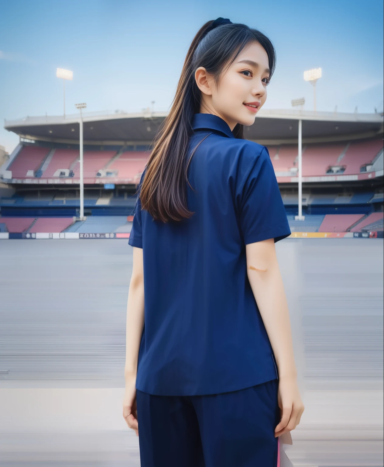 (best quality,10,10,height,Masterpiece:1.2),very detailed,(realistic,ภาพrealistic,Realistic photos:1.37),1 cute girl on the football field,shiny, ผิวshiny,only,smile softly,BDclothelue shirt:1.3)),short sleeve,shirt, กางเกงขาlong.,(navy_long_ติดตามกางเกงขาlong:1.1), ((stadium background:1.3)),Dynamic angle,excited,Face focus,dynamic poses,from behind,Focus on the ass.,Masterpiece, best quality, ultra realistic, very detailedเกินไป, 8k resolution, raw photos, Sharp focus, ((Navy blue shirt:1.1)), short sleeve, เส้นทางlong, perfect bodyแบบ, 2 mature women, 18 years old, Cinema-grade lighting system ,กางเกงขาlongวอร์มสีน้ําเงิน,shirtผ้าออกกำลังกาย,correct anatomy,perfect body, correct body, Sharp face, correct bodyทางกายวิภาค, full body, realistic gestures, long-haired, realistic , Blue sweatpants, กางเกงวอร์มขาlong