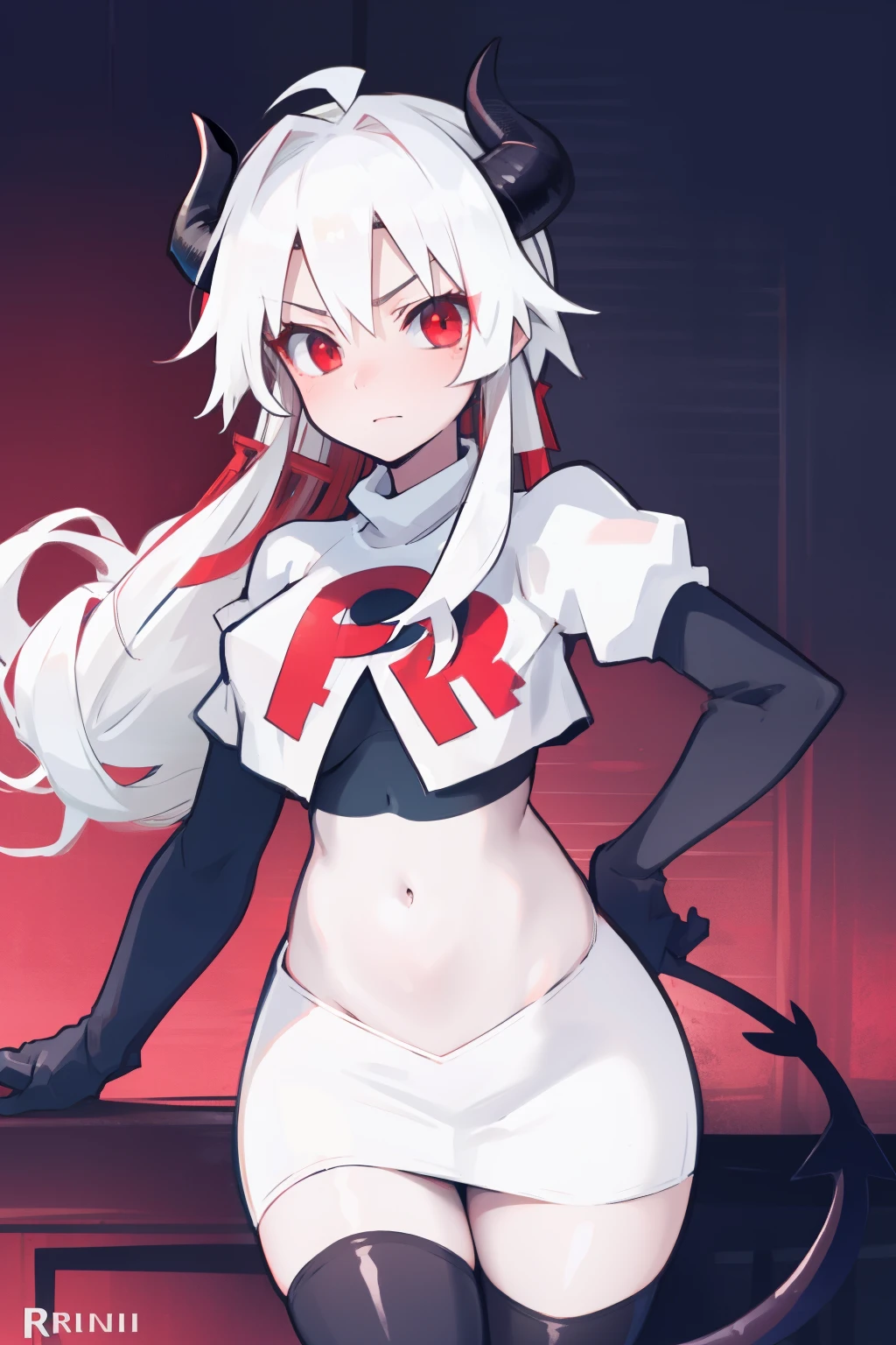 masterpiece, best quality, red eyes, white hair, twintails,ahoge,black hair ribbons,demon horns, demon tail,team rocket,team rocket uniform,white skirt,red letter R,crop top,black thigh-highs,black elbow gloves, comic strip