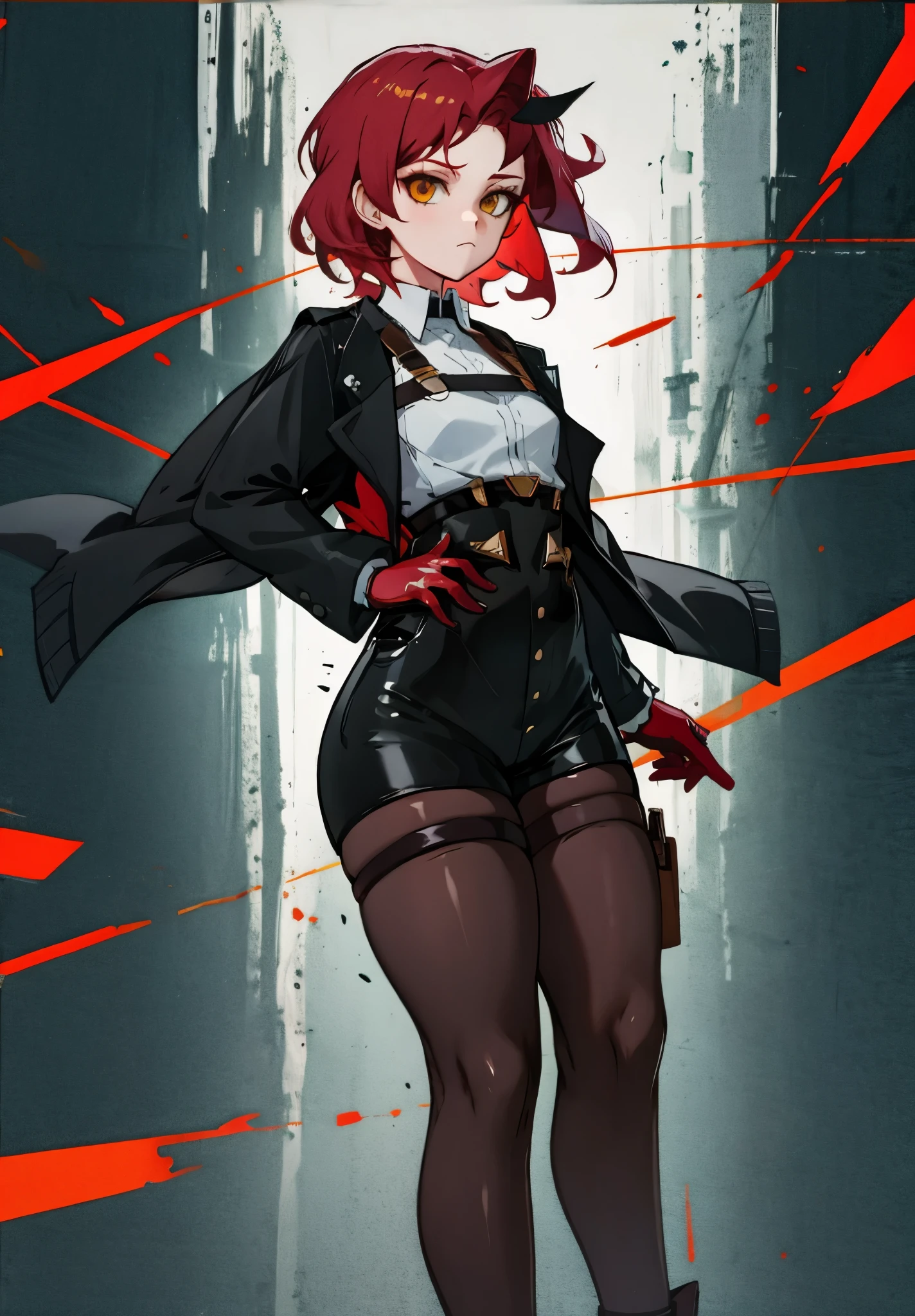 1girl, young woman, solo, short hair, Small  hair, (forehead:1.2), yellow eyes, sharp ocular posture, (scarlet red hair), Athletic, muscular, medium breasts, (cropped jacket, black jacket), white shirt, collared shirt, (chest harness, shoulder strap:1.15), black leather shorts, pantyhose 7/8, garter belt, gloves, elegant, looking at viewer, standing, masterpiece, best quality, 4k