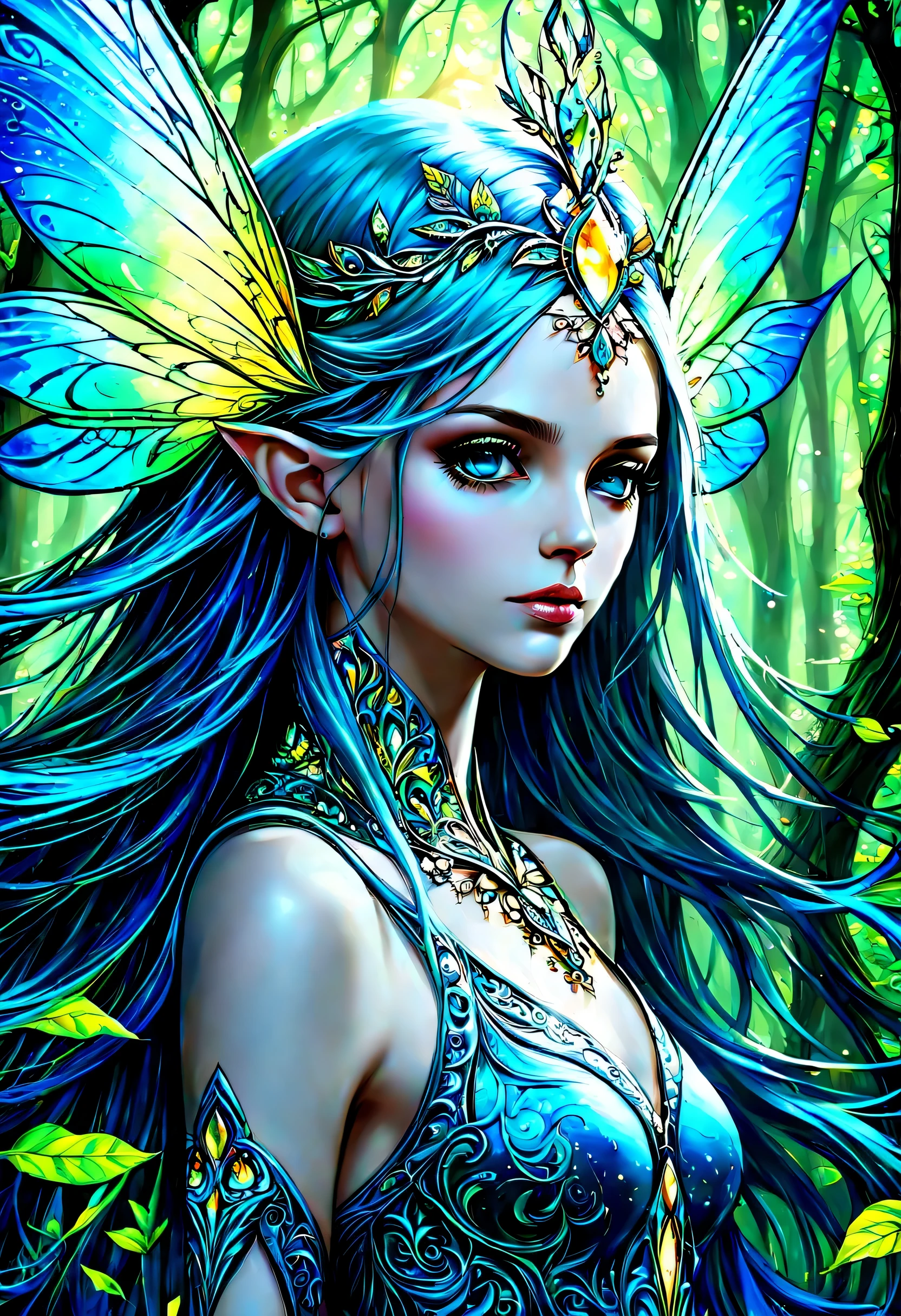 beautiful elf of portraits illustration, In alluringly melancholic depiction, beautifully dark fantasy world, comes to life through an expressive illustration, main subject of the image  vivid portrayal of despair and sadness, which radiates faint glimmer of elusive joy, stunningly intricate detailed fresco captivates viewers, its fusion and harmony of contrasting emotions, through skilled use of brushstrokes and rich color, vivid and dark light image breathes life into the depths of melancholy, while still leaving a trace of hope lingering in the shadows, exquisitely crafted painting showcases, remarkable attention to delicate detail, truly drawing into the immersive realm,