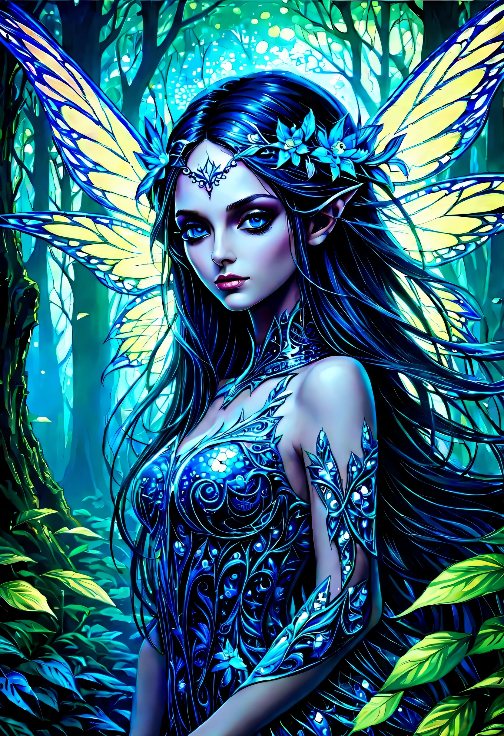 beautiful elf of portraits illustration, In alluringly melancholic depiction, beautifully dark fantasy world, comes to life through an expressive illustration, main subject of the image  vivid portrayal of despair and sadness, which radiates faint glimmer of elusive joy, stunningly intricate detailed fresco captivates viewers, its fusion and harmony of contrasting emotions, through skilled use of brushstrokes and rich color, vivid and dark light image breathes life into the depths of melancholy, while still leaving a trace of hope lingering in the shadows, exquisitely crafted painting showcases, remarkable attention to delicate detail, truly drawing into the immersive realm,