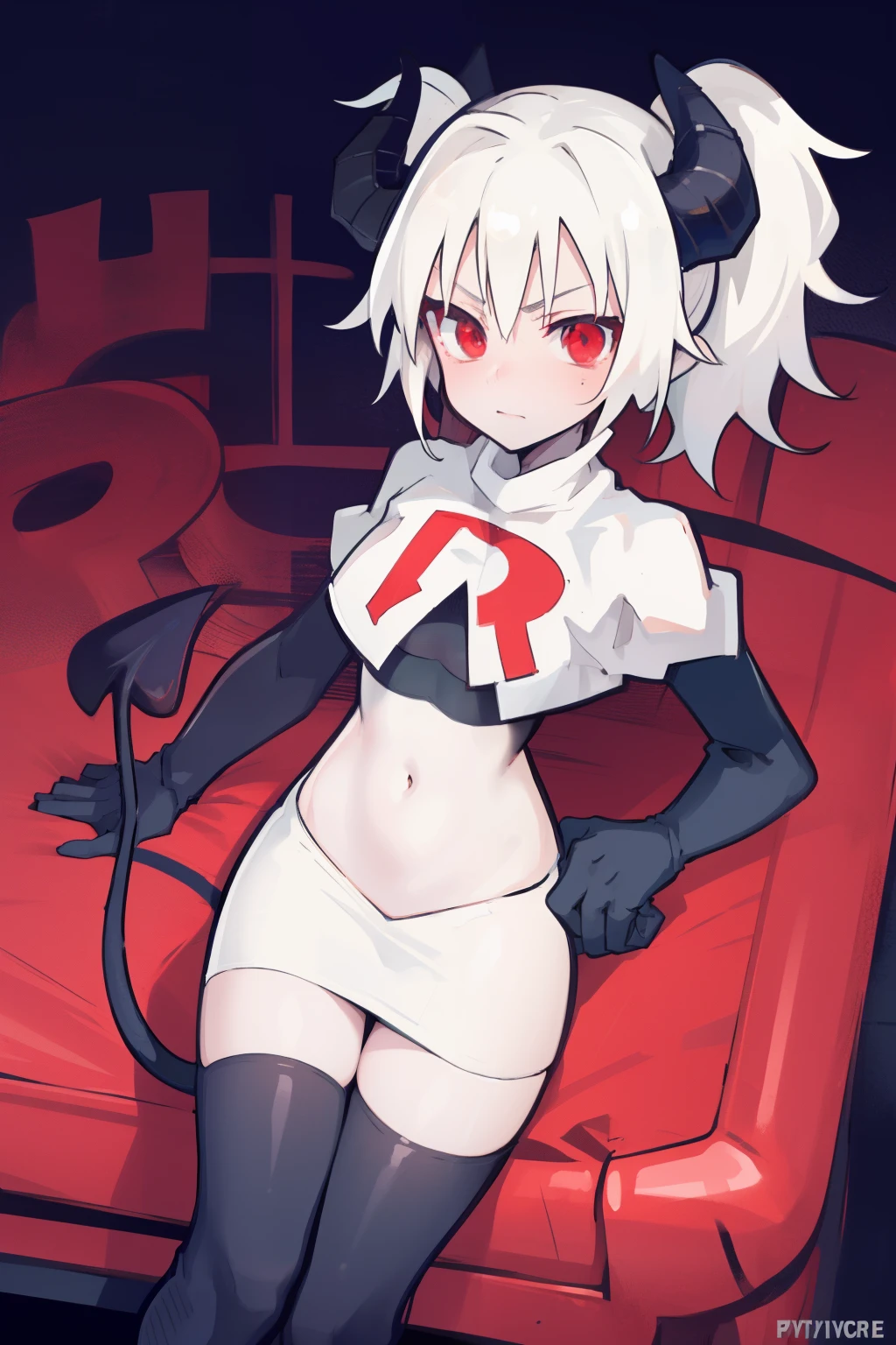 masterpiece, best quality, red eyes, white hair, twintails,ahoge,black hair ribbons,demon horns, demon tail,team rocket,team rocket uniform,white skirt,red letter R,crop top,black thigh-highs,black elbow gloves, comic strip