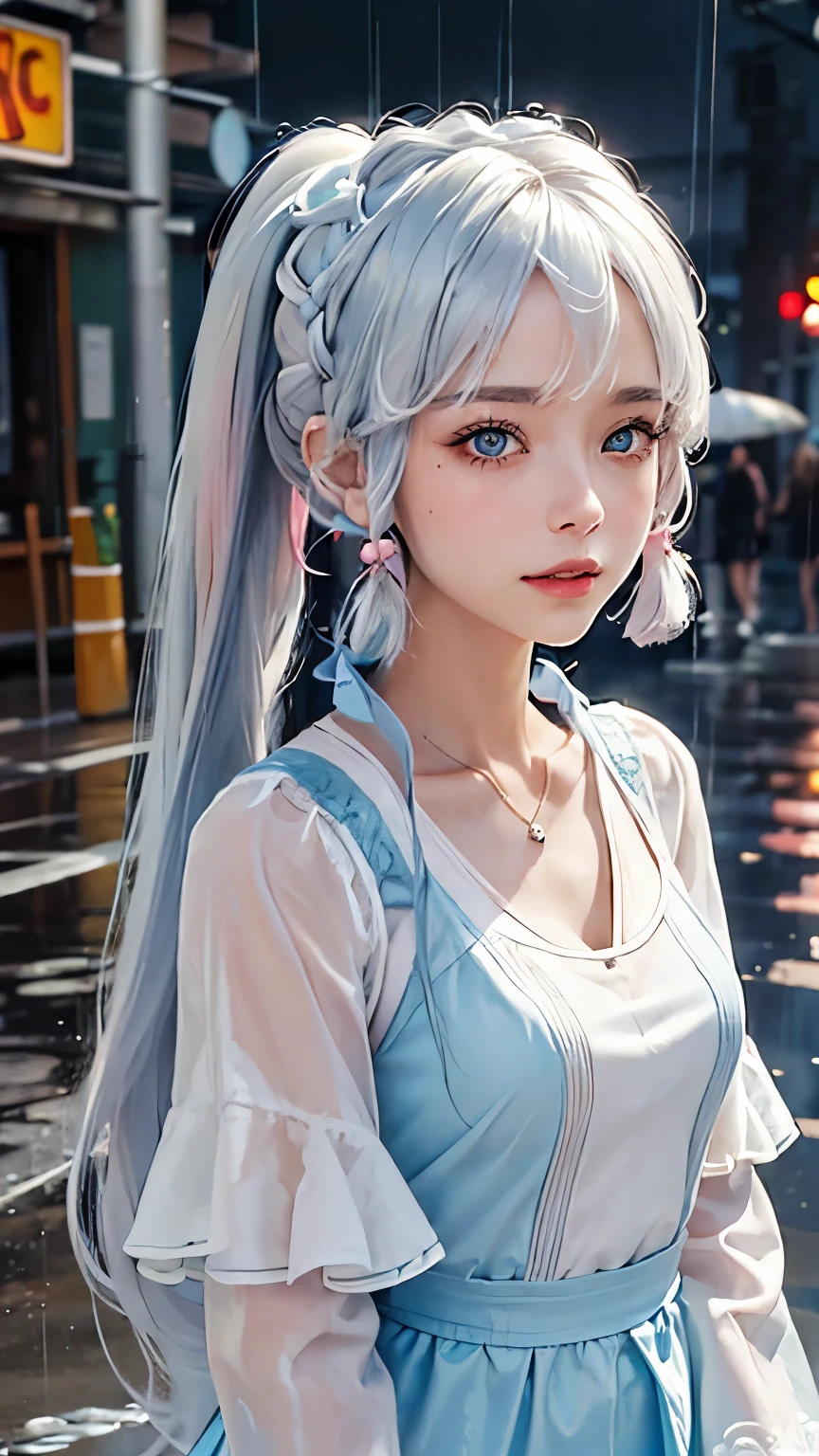 ((best quality, 8k, masterpiece:1.3)), focus: 1.2, perfect body beautiful: 1.4, ((layered hairstyle, : 1.2)), (wet clothes: 1.1), (rain, street:1.3), tube top dress: 1.1, Highly detailed facial and skin textures, beautiful eyes, double eyelids, whiten skin, long hair, (shut up: 1.3), Smile，Colorful hair，long white hair，colorful braids，high ponytail（There are two strands of white hair on both sides of the ears，Wear pink headdress on both sides of the ears），light blue eyes，