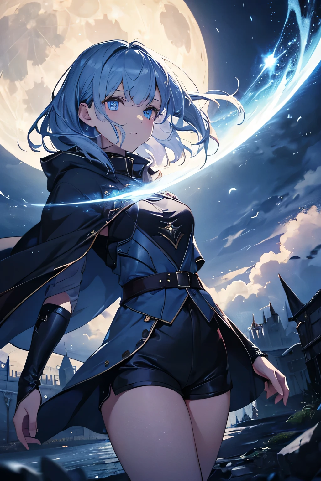 "(highest quality,High resolution,masterpiece:1.2),super detailed,(realistic,photorealistic,photo-realistic:1.37),portrait,Medieval,moon night,1 girl,blue eyes,medium blue hair,shorts,black cloak,fantasy,assassin,dagger,battle scene,nihilistic,quiet solitude,motion blur,dynamic composition,dramatic lighting,Bright colors,rays of moonlight,shining eyes"