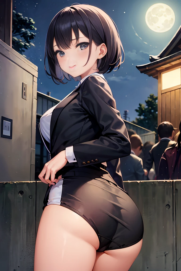 (masterpiece, highest quality), High resolution, (illustration: 1.3), Butt up,1 girl, 35 years old, mature woman, (cute:1.3), medium breasts, Black Bob Cut, (wink:1.3), Salaryman Suit, mini skirt, tokyo street, night, moonlight, cowboy shot、cum in the ass、Creampie