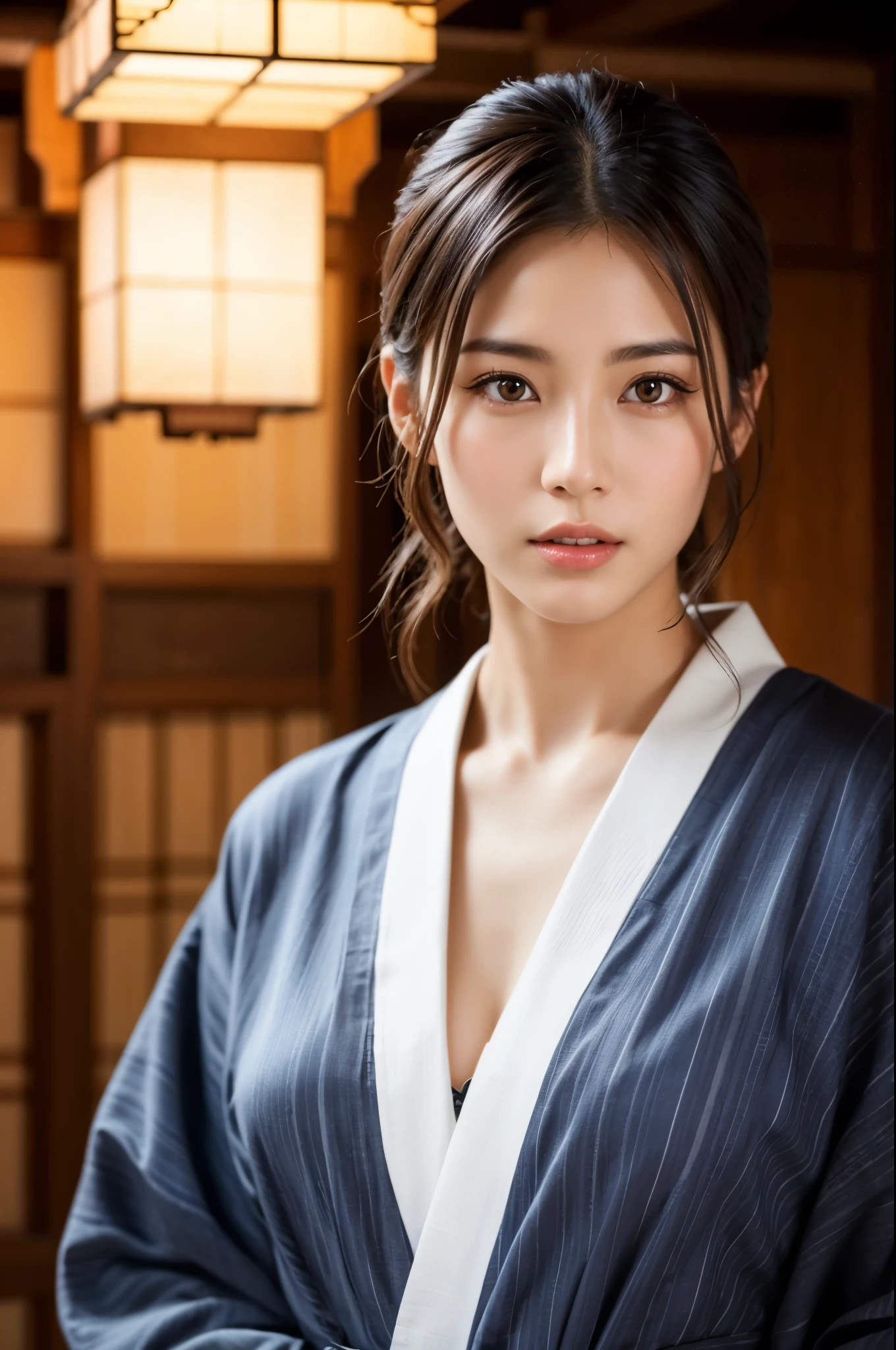 Highly detailed CG Unity 8k wallpaper, highest quality, masterpiece, (Realistic, photorealistic:1.4), ultra high res, (A beautiful Japanese Mature Woman in a Yukata with Monotone vertical stripes, solo), Inside a room in an old-fashioned Japanese onsen ryokan, cowboy shot, Perfect feminine figure, Fascinating milf, Amazing beautiful face, bewitching Goddess, parted lips, glossy skin, cinematic composition, professional warm lighting and shading, ((extremely detailed eyes and face, eyes with beautiful details, insanely detailed beautiful realistic skin texture)), (correct body balance, accurate hands, accurate eyes)