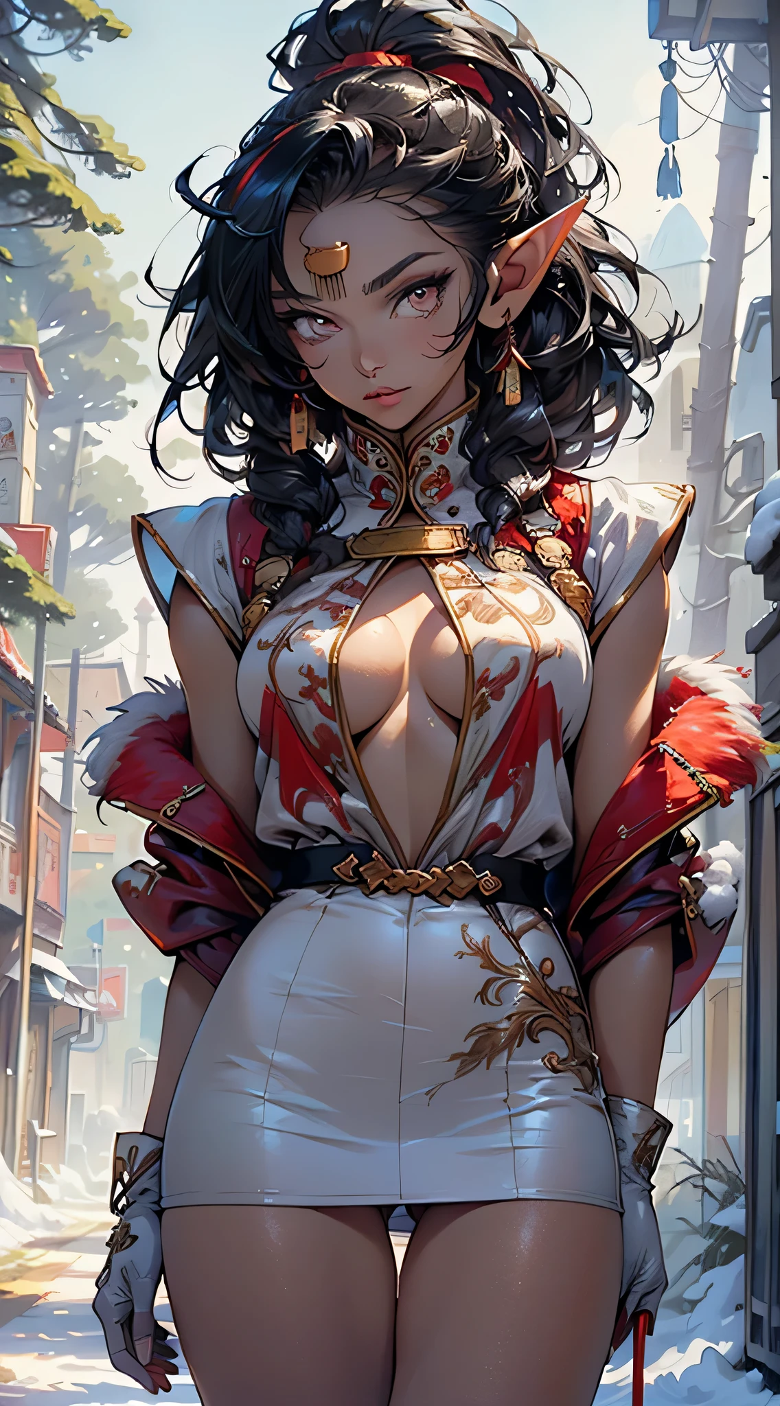 Pirotess, cute elf loli,girl, 1girl,(((little loli,tiny little body,small))),(((6 ))),((anime elf loli with extremely cute and beautiful black hair)),(((elf, elf earlat chest))),((((black hair:1.35,ponytail braid hair,colored inner hair,ear breathing)))),(((red_eyes:1.3))),intricate eyes,beautiful detailed eyes,symmetrical eyes,big eyes:1.5,(((lustrous skin:1.5,bright skin: 1.5,skin tanned,shiny skin,very shiny skin,shiny body,plastic glitter skin,exaggerated shiny skin,illuminated skin))),(delicate detailed fingers,detailed body,detailed arms,human hands,(detailed face)), cute,slutty,erotic,daring,nsfw, zettai ryouiki,revealing clothing,show skin,(((Sexy red fur coat, red fur coat outfit, wearing a red fur coat:1.3,red winter coat))), ((red minkirt,red mini skirt with furry edge,visible thong straps)),((underpants strap)),(white gloves,red clothes,semi-naked,with little red clothing,((((furry edge clothing)))),(((intricate outfit,intricate clothes,embroidered outfit,ornate outfit,embroidered clothes,ornate clothes))), (dynamic pose:1.0),embarrassed,(centered,scale to fit dimensions,Rule of thirds), ((snowy pine forest)),winter,scenery:1.25,((intricate scenery)),((snow forest background)),Christmas tree, (Glossy winter ornaments),highres,sharp focus,(ultra detailed,extremely detailed),(photorealistic artwork:1.37),(extremely detailed CG unity 8k wallpaper),(((vibrant colors,vibrant theme))),(intricate),(masterpiece),(best quality),