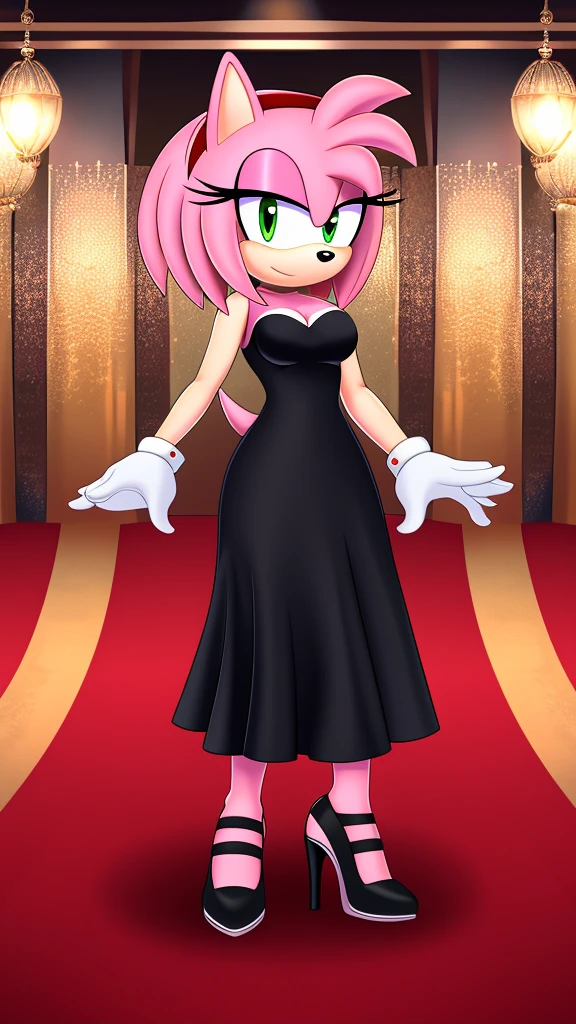 Amy Rose the hedgehog in a long black dress, medium breast, blackdr3ss, standing up, white high heels shoes, 2D illustration, ballroom background, 
