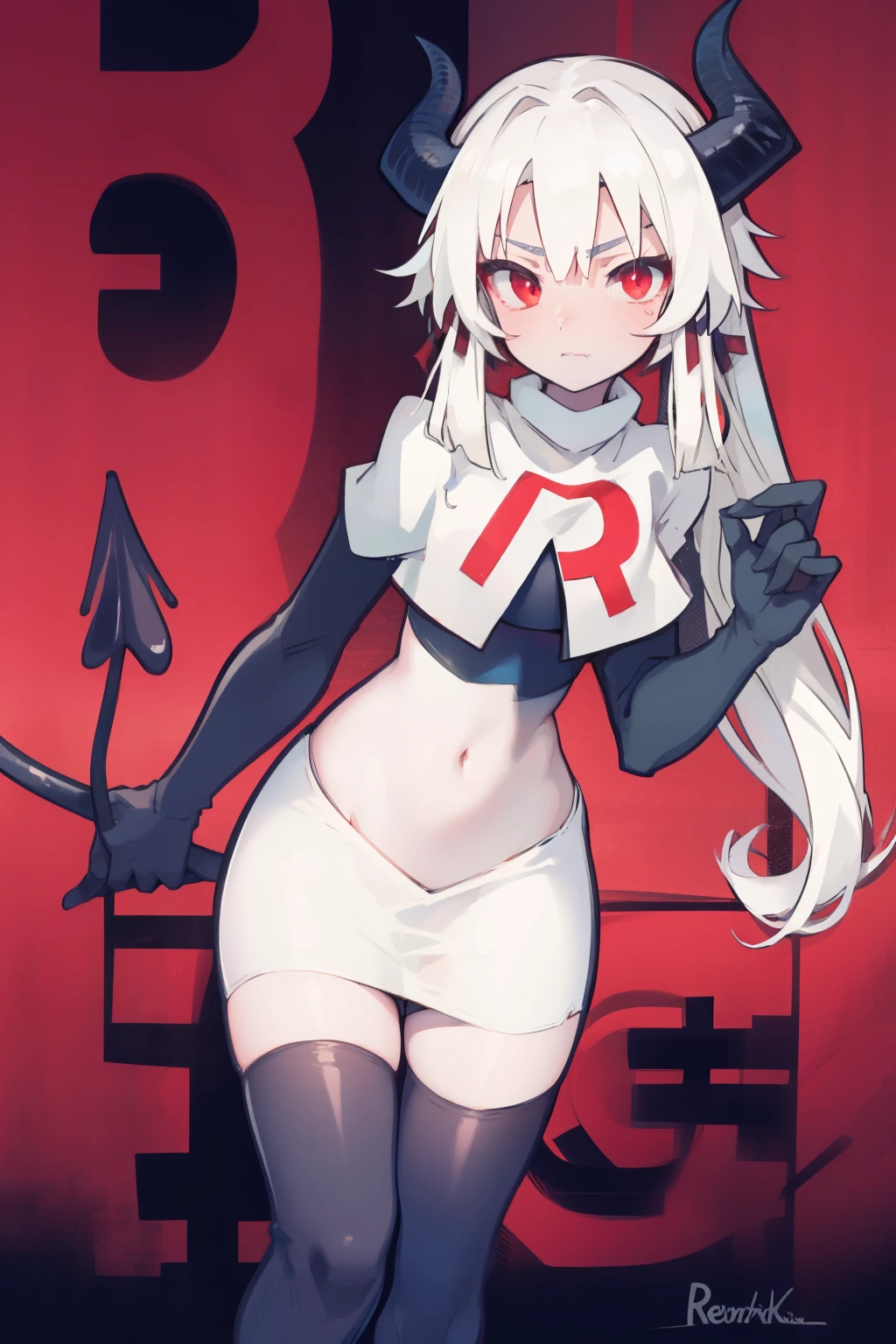 masterpiece, best quality, red eyes, white hair, twintails,ahoge,black hair ribbons,demon horns, demon tail,team rocket,team rocket uniform,white skirt,red letter R,crop top,black thigh-highs,black elbow gloves, comic strip