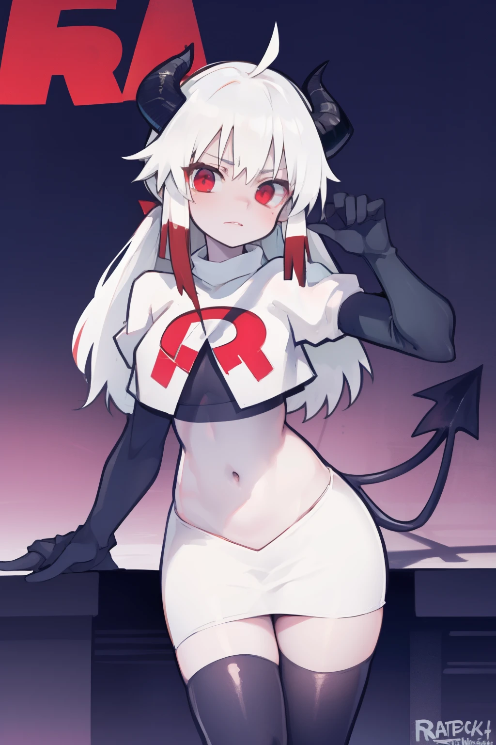 masterpiece, best quality, red eyes, white hair, twintails,ahoge,black hair ribbons,demon horns, demon tail,team rocket,team rocket uniform,white skirt,red letter R,crop top,black thigh-highs,black elbow gloves, comic strip