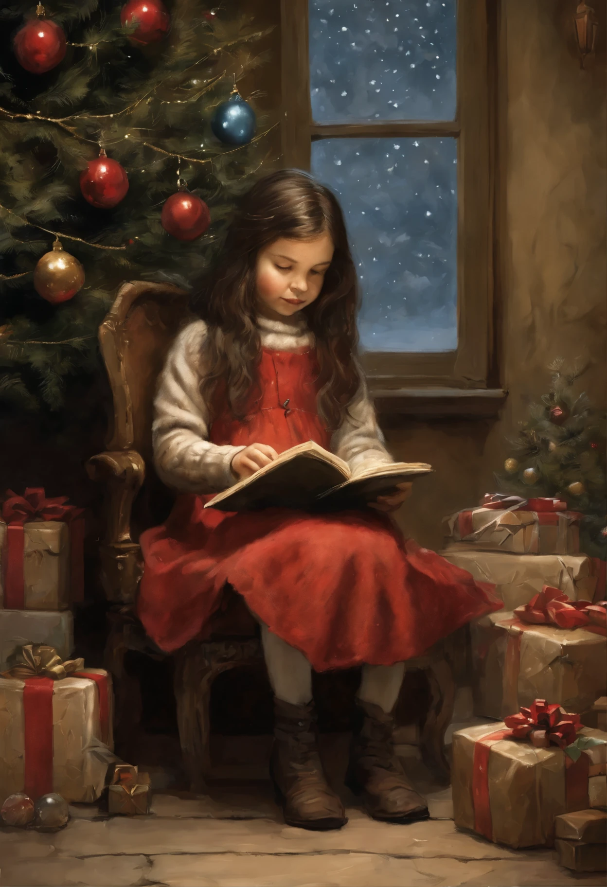 realism, picture, Fantastic tale, Christmas style, John Tolkien style, Small painting by Jean-Baptiste Monge,   girl near a huge Christmas tree decorated with Christmas garlands and gifts, Soft facial features, sitting in a chair with flowing black hair , Straight hair , near the Christmas tree, Soft facial features, wearing dress,  wearing a sweater, With light makeup,  dark pink lips,  lip shape"pearlescent" ,"curved eyebrows in the shape of Engriberts, Blue eyes,  heavy-lidded eye shape, Human Hand,   Human hand, very clear without flaws with five fingers,Black long Straight hair ,, in a short red dress, in a sweater,mischievous character, a fireplace, Christmas tree, Present, Jean-Baptiste Monge, anthropomorphic --ar 2:3 --testp - optimistic;  Straight hair