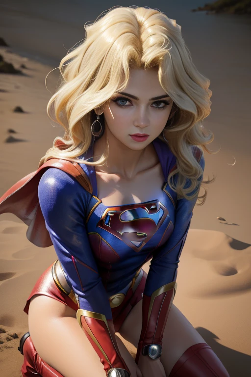 (master part, best quality), foto corpo inteiro, detalhes intrincados
 1******, Superhero Supergirl, terno Supergirl, capa vermelha, S do super-homem, saia azul, botas vermelhas, Athletic body, cabelos longos, seios enormes, blonde hair, jewelries, Purple eyes, Brincos, maquiagem, olhos detalhados