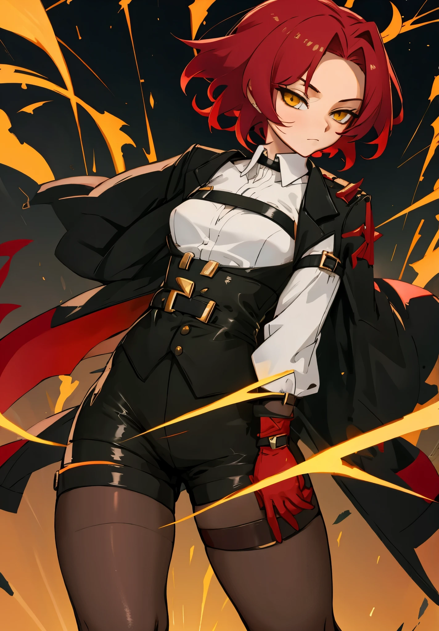 1girl, young woman, solo, short hair, Small  hair, (forehead:1.2), yellow eyes, sharp ocular posture, (scarlet red hair), Athletic, muscular, medium breasts, (cropped jacket, black jacket), white shirt, collared shirt, (chest harness, shoulder strap:1.15), black leather shorts, pantyhose 7/8, garter belt, gloves, elegant, looking at viewer, standing, masterpiece, best quality, 4k