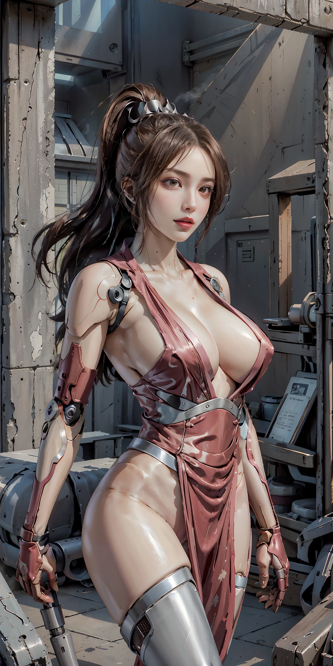 lifelike, high resolution, soft light,1 female, alone, Buttocks up, (Detailed face), pink hair, long hair, Mecha Maiden, Mechanical Partig chest，, robot joints, single mechanical arm, hat, Mechanical Halo, very huge boobs，Star Hello, electromechanical body suit, mecha corset, kimono, Full A， huge breastacing the audience，low cut，Facing the audience， very huge tits