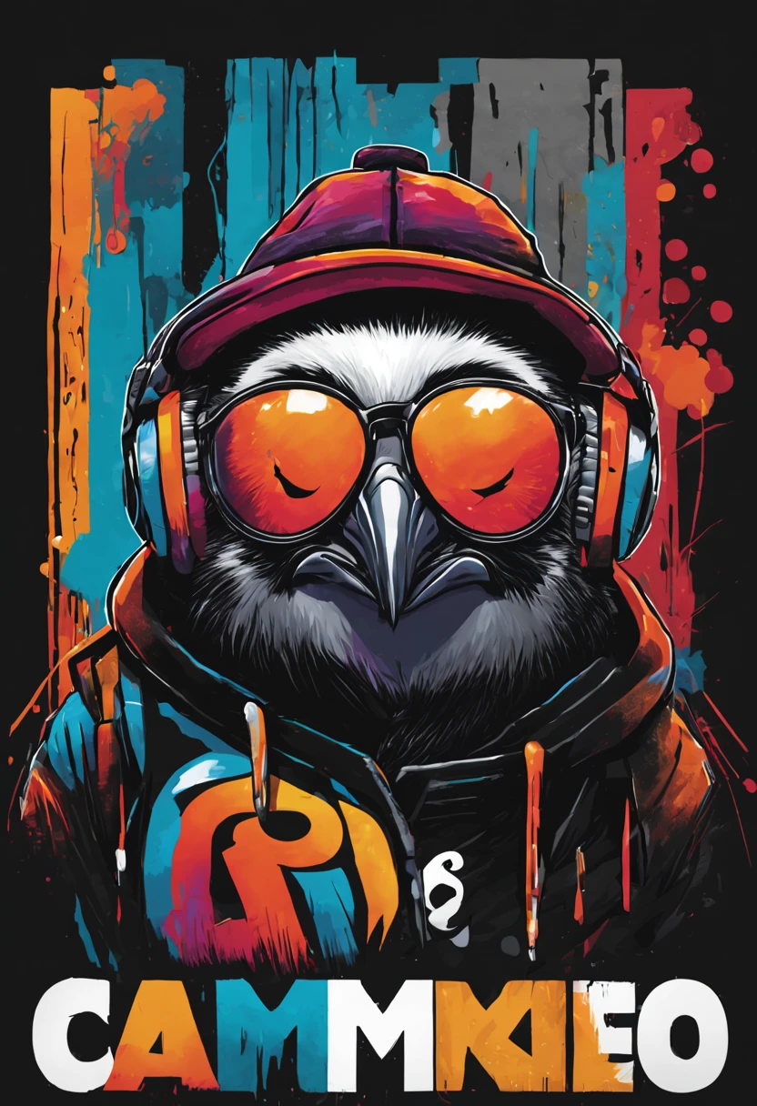 arte da camiseta, 2D, ((fundo preto :1, 5)), vetor, vivid colors, Funny character pinguim personagem COM roupa ESTILO hip hop , melhor qualidade, detalhes intrincados, Realistic details, luz de aro, cinematic shading, Greg Rutkowisk,