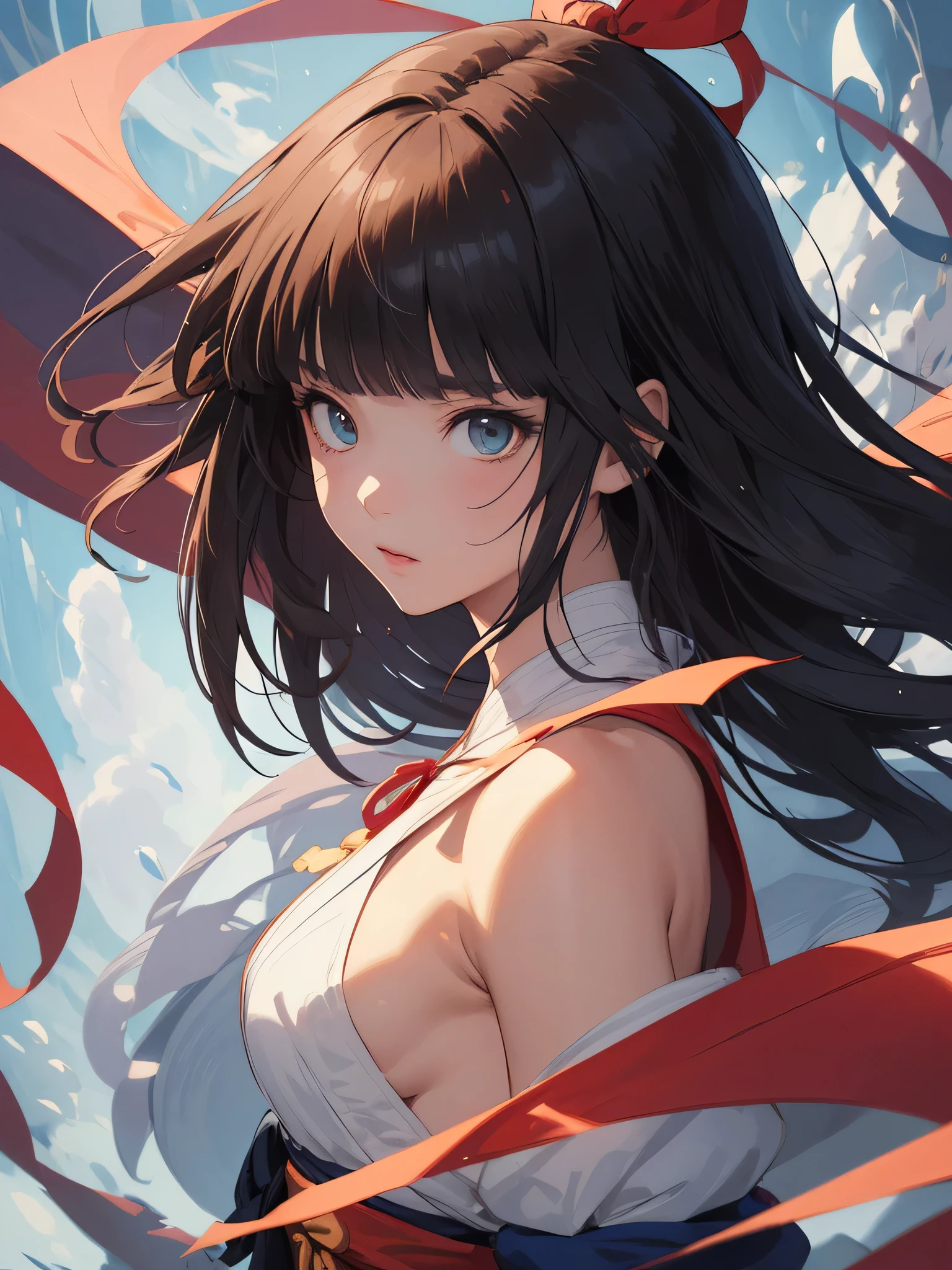(fantasy illustration:1.5), (solo:1.2), (anime,8k,masterpiece, top quality, best quality,beautiful and aesthetic:1.2,professional illustrasion:1.1,ultra detail:1.erfect lighting), extremely detailed, highest detailed, incredibly absurdres, highres, ultra detailed, intricate:1.6, (girl), highly detailed beautiful face and eyes, beautiful hair, bob hair, blunt banglack hair:1.4), (Red ribbon on the back of the hair:1.2), ( Samurai Shodown's nakoruru costume:1.2), kirakira skin, (abstract:1.2), pretty, subesube, (small stature,medium breast), sense of speed, The Dagger Master,