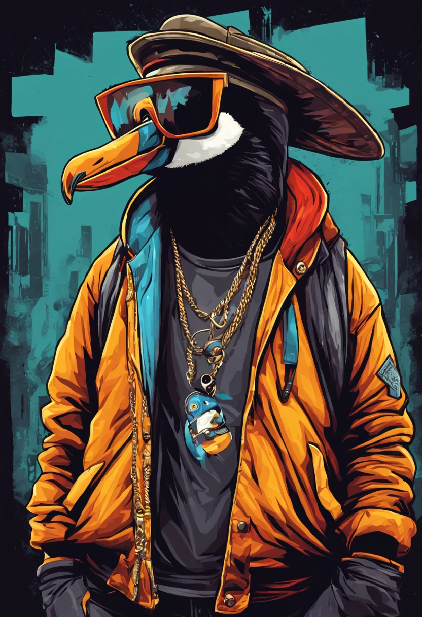 arte da camiseta, 2D, ((fundo preto :1, 5)), vetor, vivid colors, Funny character pinguim personagem COM roupa ESTILO hip hop , melhor qualidade, detalhes intrincados, Realistic details, luz de aro, cinematic shading, Greg Rutkowisk,