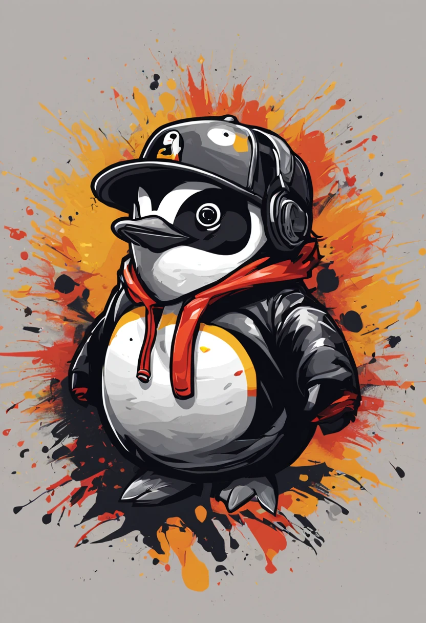 arte da camiseta, 2D, ((fundo preto :1, 5)), vetor, vivid colors, Funny character pinguim personagem COM roupa ESTILO hip hop , melhor qualidade, detalhes intrincados, Realistic details, luz de aro, cinematic shading, Greg Rutkowisk,