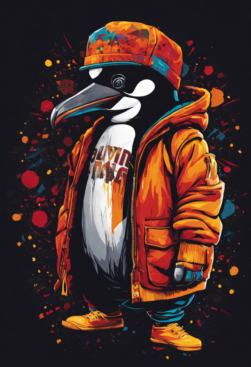 arte da camiseta, 2D, ((fundo preto :1, 5)), vetor, vivid colors, Funny character pinguim personagem COM roupa ESTILO hip hop , melhor qualidade, detalhes intrincados, Realistic details, luz de aro, cinematic shading, Greg Rutkowisk,