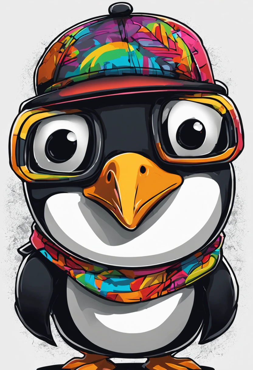 arte da camiseta, 2D, ((fundo preto :1, 5)), vetor, vivid colors, Funny character pinguim personagem COM roupa ESTILO hip hop , melhor qualidade, detalhes intrincados, Realistic details, luz de aro, cinematic shading, Greg Rutkowisk,