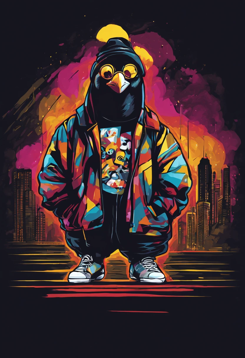 arte da camiseta, 2D, ((fundo preto :1, 5)), vetor, vivid colors, Funny character pinguim personagem COM roupa ESTILO hip hop , melhor qualidade, detalhes intrincados, Realistic details, luz de aro, cinematic shading, Greg Rutkowisk,