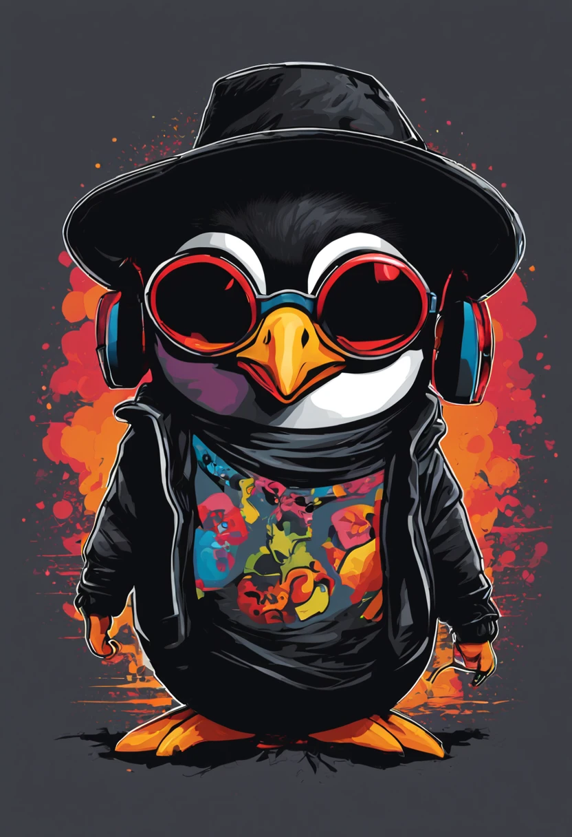 arte da camiseta, 2D, ((fundo preto :1, 5)), vetor, vivid colors, Funny character pinguim personagem COM roupa ESTILO hip hop , melhor qualidade, detalhes intrincados, Realistic details, luz de aro, cinematic shading, Greg Rutkowisk,