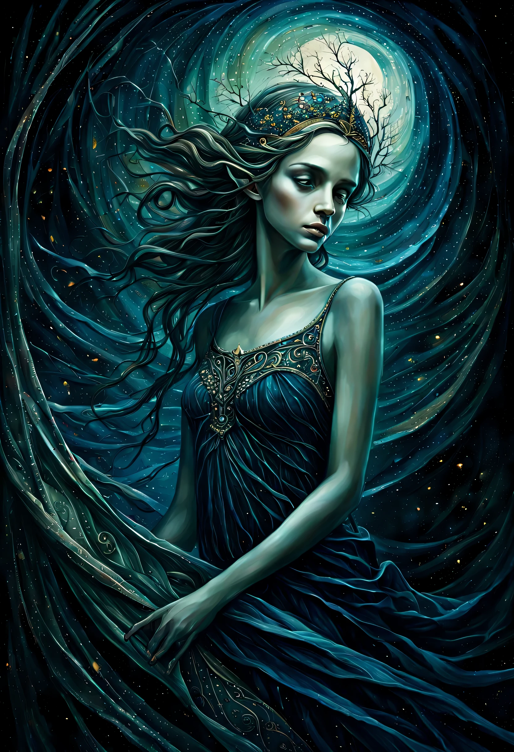 beautiful elf of portraits illustration, In alluringly melancholic depiction, beautifully dark fantasy world, comes to life through an expressive illustration, main subject of the image  vivid portrayal of despair and sadness, which radiates faint glimmer of elusive joy, stunningly intricate detailed fresco captivates viewers, its fusion and harmony of contrasting emotions, through skilled use of brushstrokes and rich color, vivid and dark light image breathes life into the depths of melancholy, while still leaving a trace of hope lingering in the shadows, exquisitely crafted painting showcases, remarkable attention to delicate detail, truly drawing into the immersive realm,