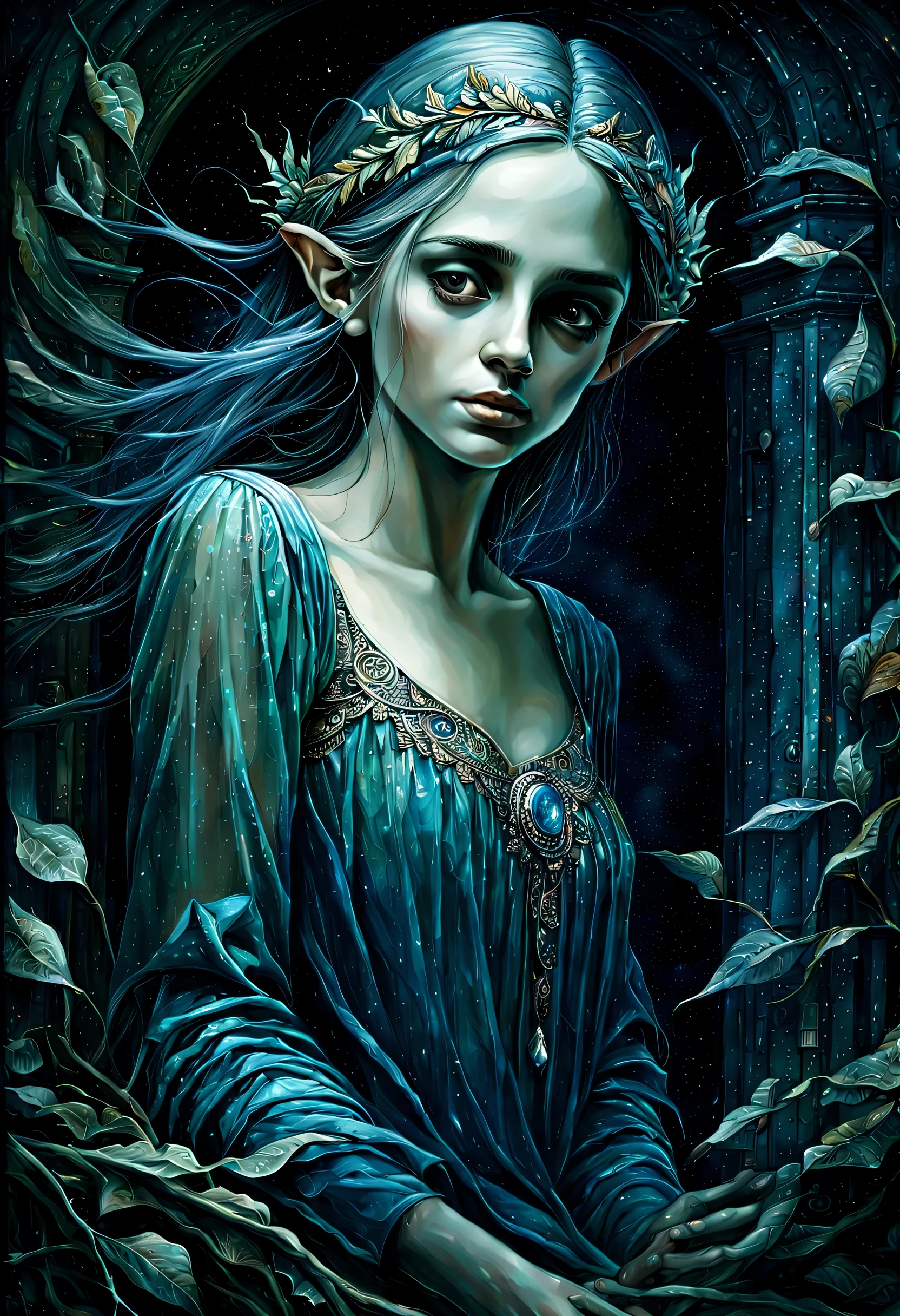 beautiful elf of portraits illustration, In alluringly melancholic depiction, beautifully dark fantasy world, comes to life through an expressive illustration, main subject of the image  vivid portrayal of despair and sadness, which radiates faint glimmer of elusive joy, stunningly intricate detailed fresco captivates viewers, its fusion and harmony of contrasting emotions, through skilled use of brushstrokes and rich color, vivid and dark light image breathes life into the depths of melancholy, while still leaving a trace of hope lingering in the shadows, exquisitely crafted painting showcases, remarkable attention to delicate detail, truly drawing into the immersive realm,