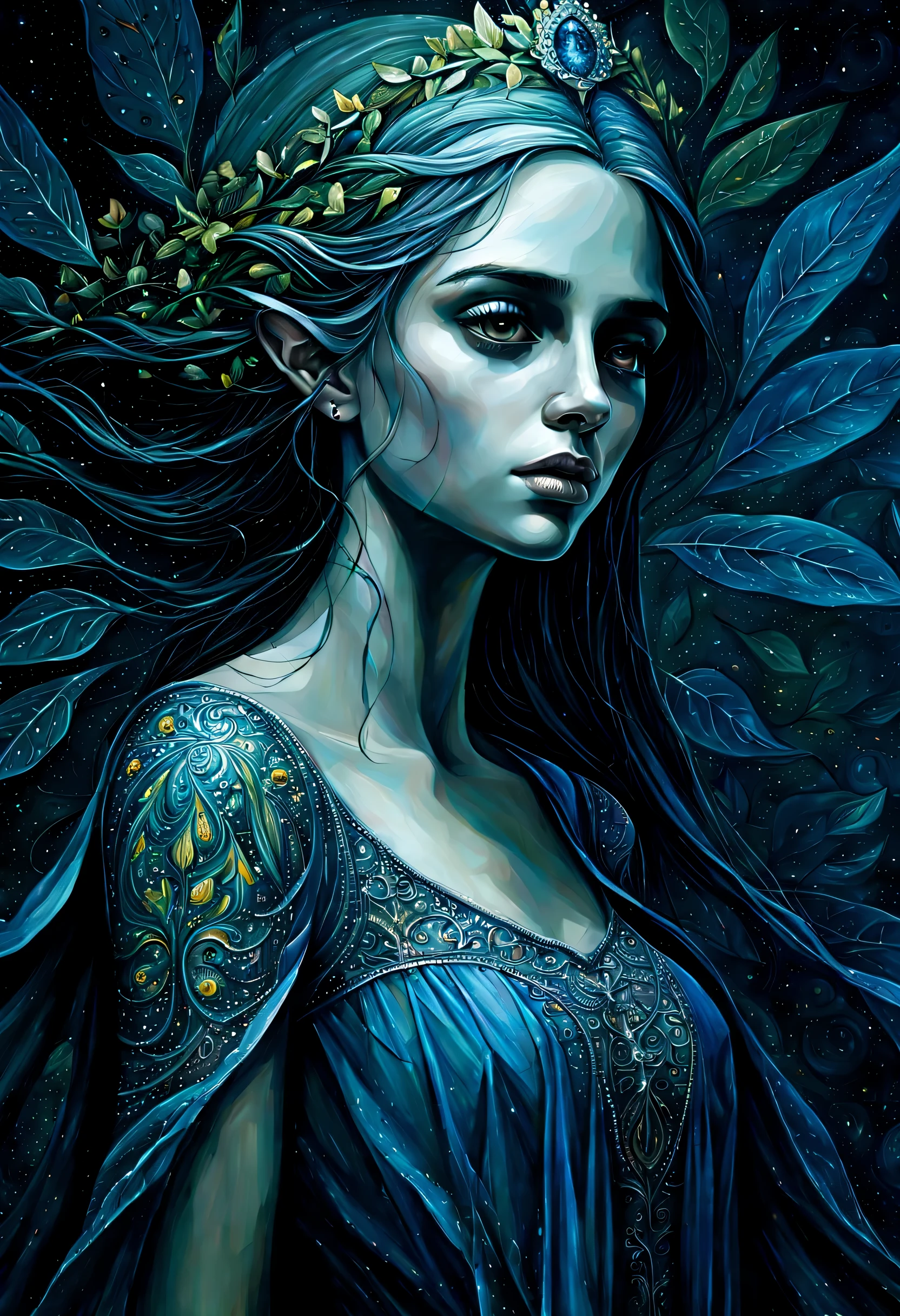 beautiful elf of portraits illustration, In alluringly melancholic depiction, beautifully dark fantasy world, comes to life through an expressive illustration, main subject of the image  vivid portrayal of despair and sadness, which radiates faint glimmer of elusive joy, stunningly intricate detailed fresco captivates viewers, its fusion and harmony of contrasting emotions, through skilled use of brushstrokes and rich color, vivid and dark light image breathes life into the depths of melancholy, while still leaving a trace of hope lingering in the shadows, exquisitely crafted painting showcases, remarkable attention to delicate detail, truly drawing into the immersive realm,