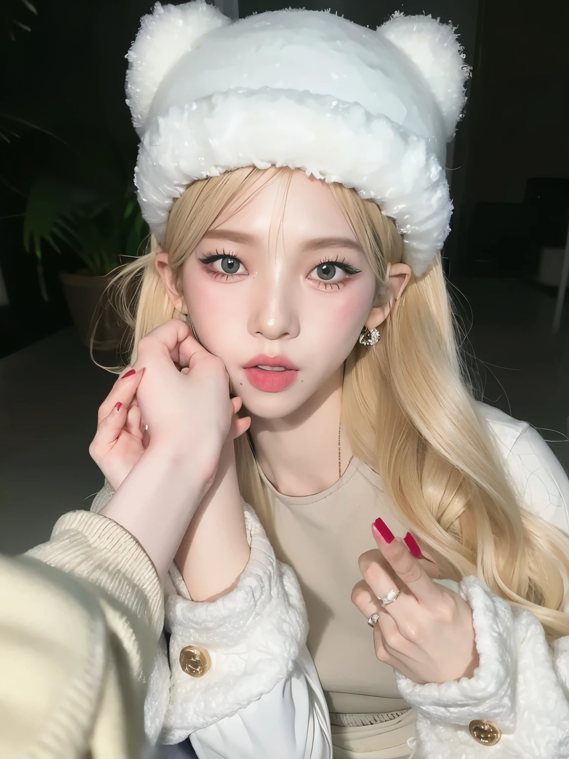 chica rubia de cabello con ojos azules y un sombrero peludo blanco, ulzzang, muy hermosa linda catgirl, pelo largo y rubio y ojos grandes, Lalisa Manobal, pale porcelain white skin, pale, snow-white skin, retrato realista kawaii, dulce conejita ultrarrealista, long cabello rubio y ojos grandes, sakimichan, cabello rubio y ojos grandes