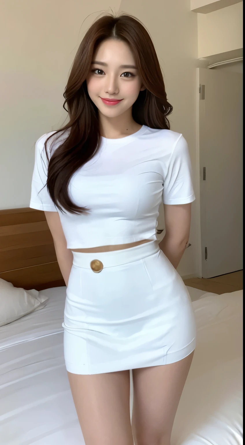 White tight shirt、White tight mini skirt、bed、smile、short sleeve、high resolution、Hallyu Idol Face
