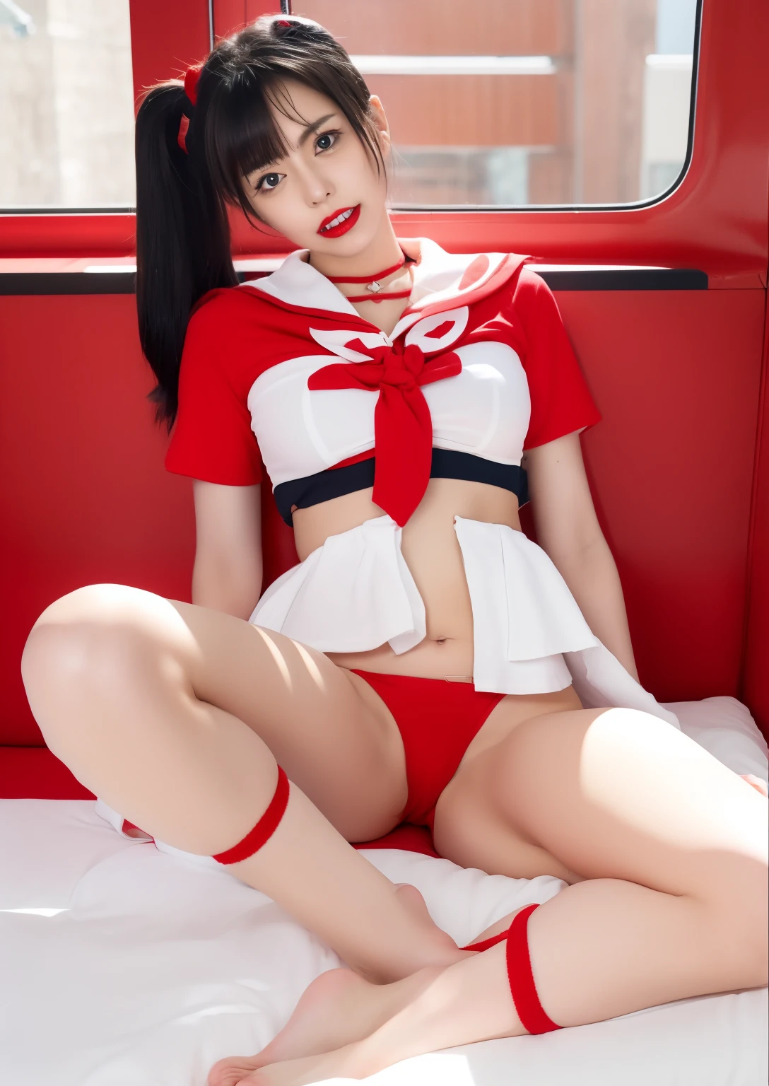 Raw photo、At 32K、8K、sexy woman in red sailor bikini、Full body Esbian、choker、black hair twintails