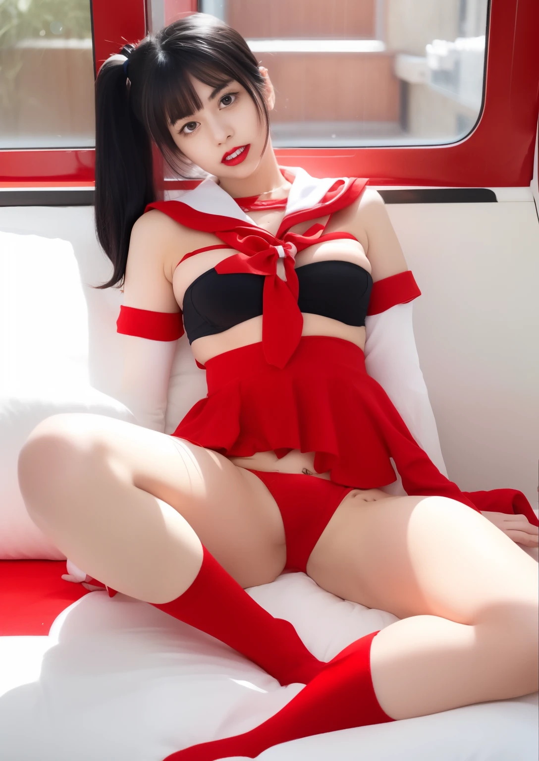 Raw photo、At 32K、8K、sexy woman in red sailor bikini、Full body Esbian、choker、black hair twintails
