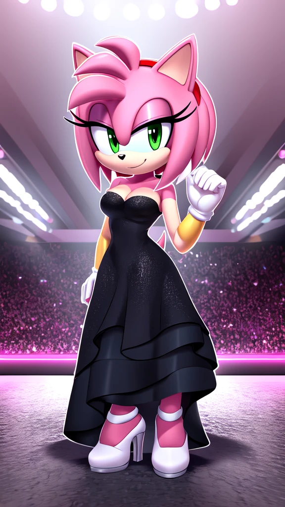 Amy Rose in a long black dress, medium breast, blackdr3ss, standing up, white high heels shoes, 2D illustration, ballroom background,