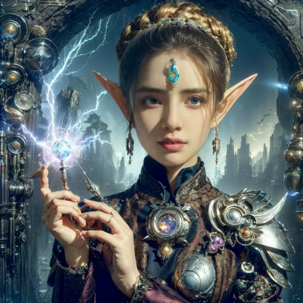 (portrait)，cowboy shot, portrait of a female elf，A unique blend of fantasy and futuristic mechanical themes，((Showing off her enchanting beauty while holding a mechanical gemstone wand and casting lightning magic))。Her facial features are very beautiful，Pointy ears and charming eyes，Complements flowing hair。The costume she wears combines traditional elf clothing with modern mechanical elements，Symbolizing the intersection of magic and technology。The background blends a mysterious forest with subtle futuristic elements，Enhanced with unique themes。Her expression  confident and powerful，Capturing the grace and power of mythical spirits。International Superstar Model Exhibition, Psychedelic stage，ethereal atmosphere, (anatomically correct, Exquisite face makeup , pretty face, Perfect face proportions),（Advanced facial details：1.1），Realism，movie lighting, Sony FE , wide angle, First-person perspective, 8k, ultra high definition, masterpiece, Acura, textured skin, high detail, best quality, Award-winning，Photographed from a distance，Sense of distance