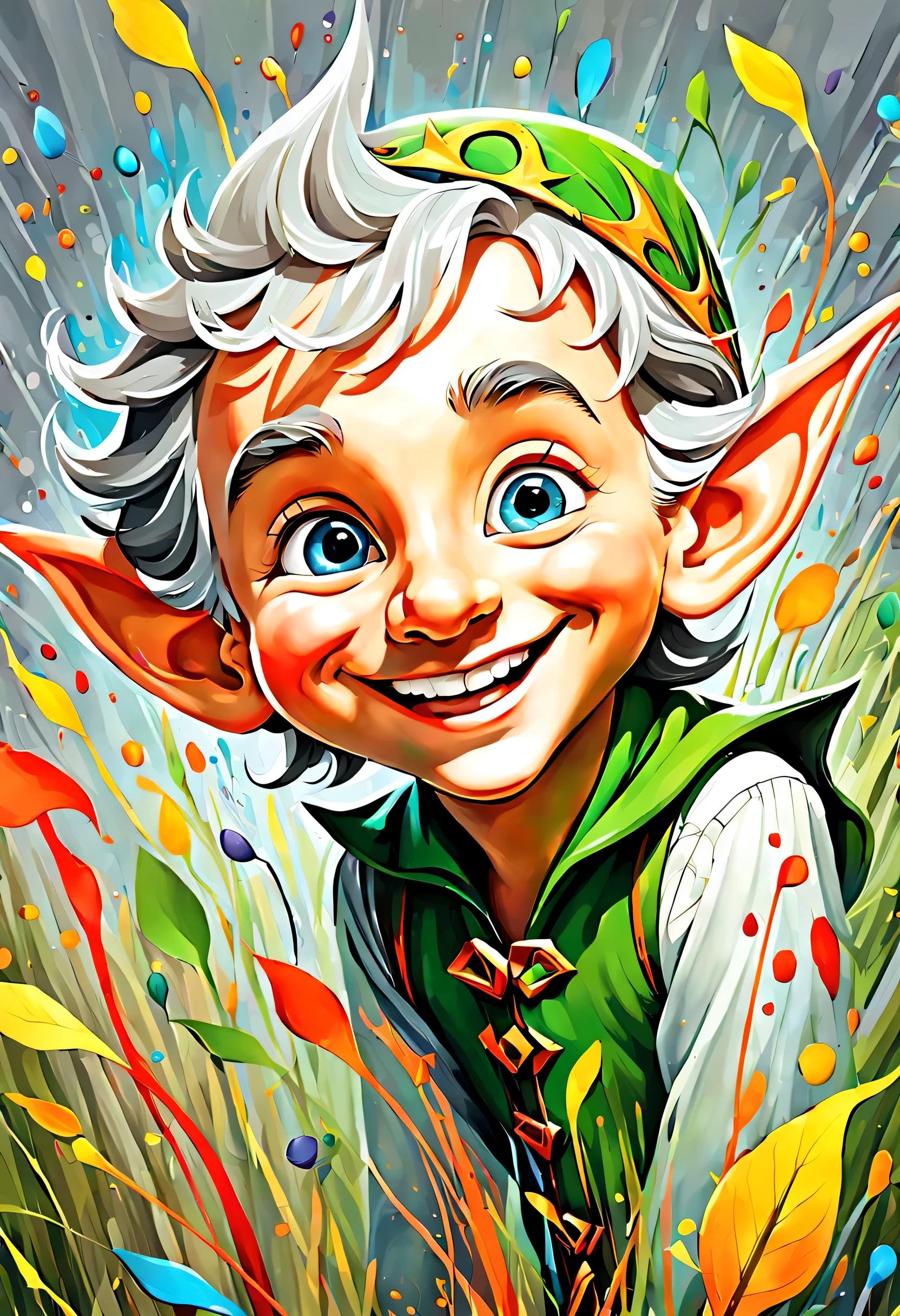 comically endearing elf portraits, mischievous grin, pristine stunning ash-gray hair glistens, center position, captivating colors amidst in an array splash, amidst a chaotic abstract splash, vibrant painting, broken grass show-cases, delightful antics against backdrop, dynamic and energetic patterns, intricate detailing highlights, detail impeccable artistry, creating masterpiece, exudes both humor and beauty, 